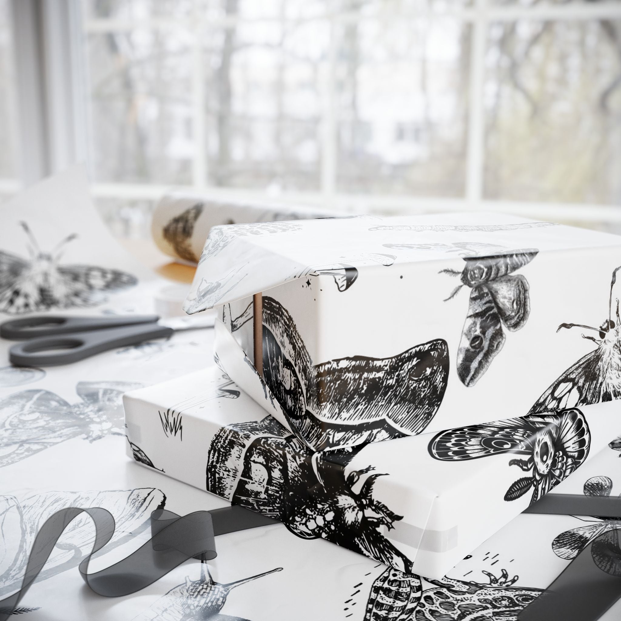 Butterfly & Moth Wrapping Paper – Black Botanical Sketches