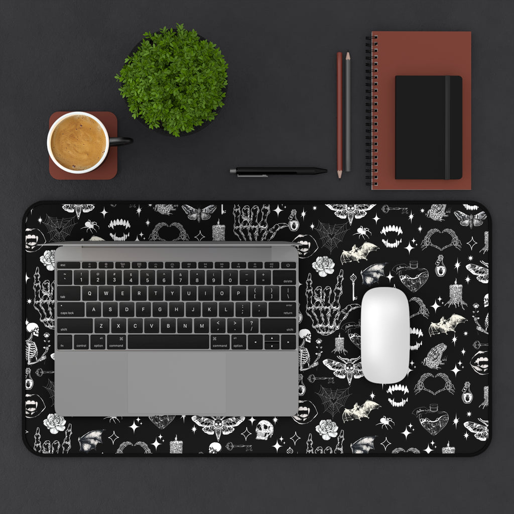 Gothic Icons Desk Mat — Black Skull & Occult Pattern Desk Mat