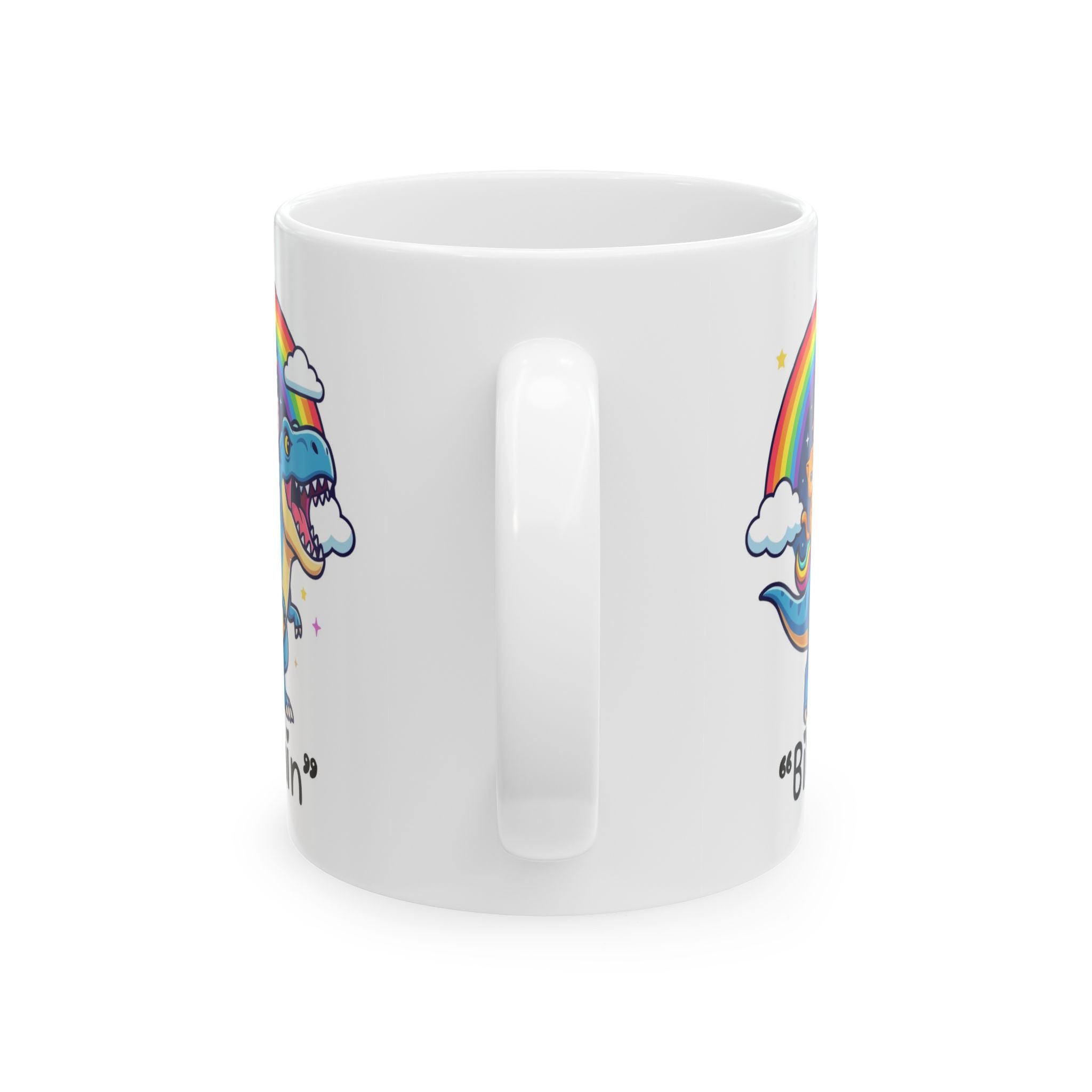 “Be Fierce” Rainbow T-Rex Ceramic Mug (11oz & 15oz) - Funny Dinosaur Coffee Cup, Cute Colorful Gift