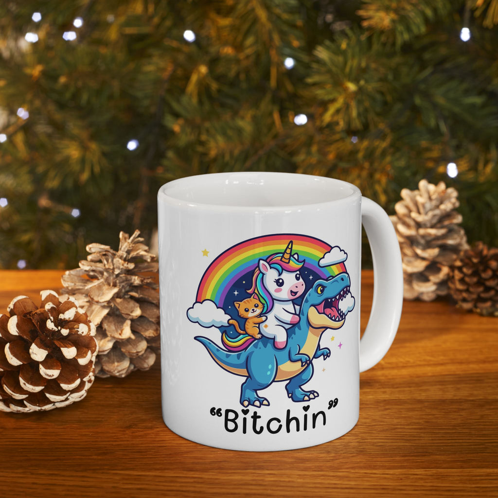 “Be Fierce” Rainbow T-Rex Ceramic Mug (11oz & 15oz) - Funny Dinosaur Coffee Cup, Cute Colorful Gift