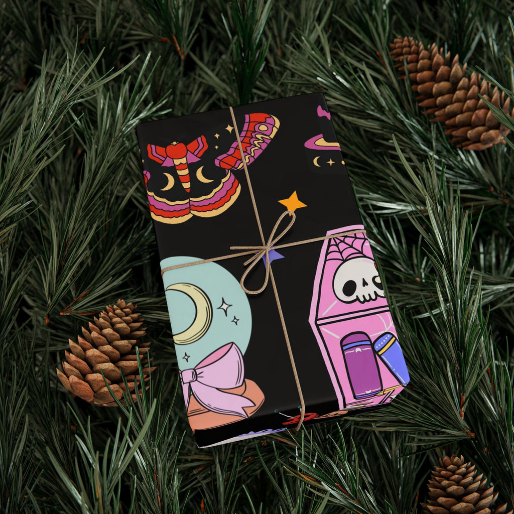 Tarot Witch Wrapping Paper Roll – Mystical Black Gift Wrap with Crystals, Cards & Stars
