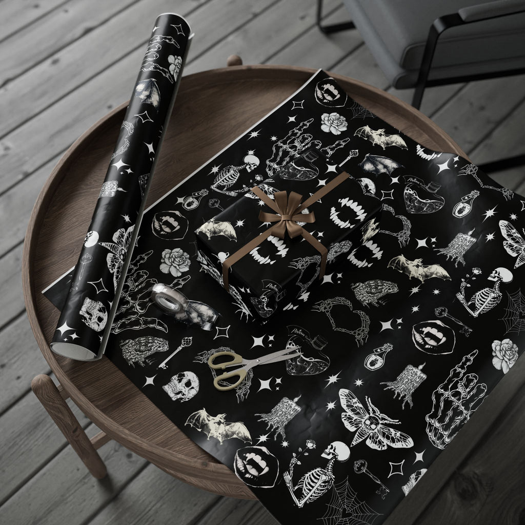 Halloween Black Skull & Spiderweb Wrapping Paper Roll — Spooky Gift Wrap