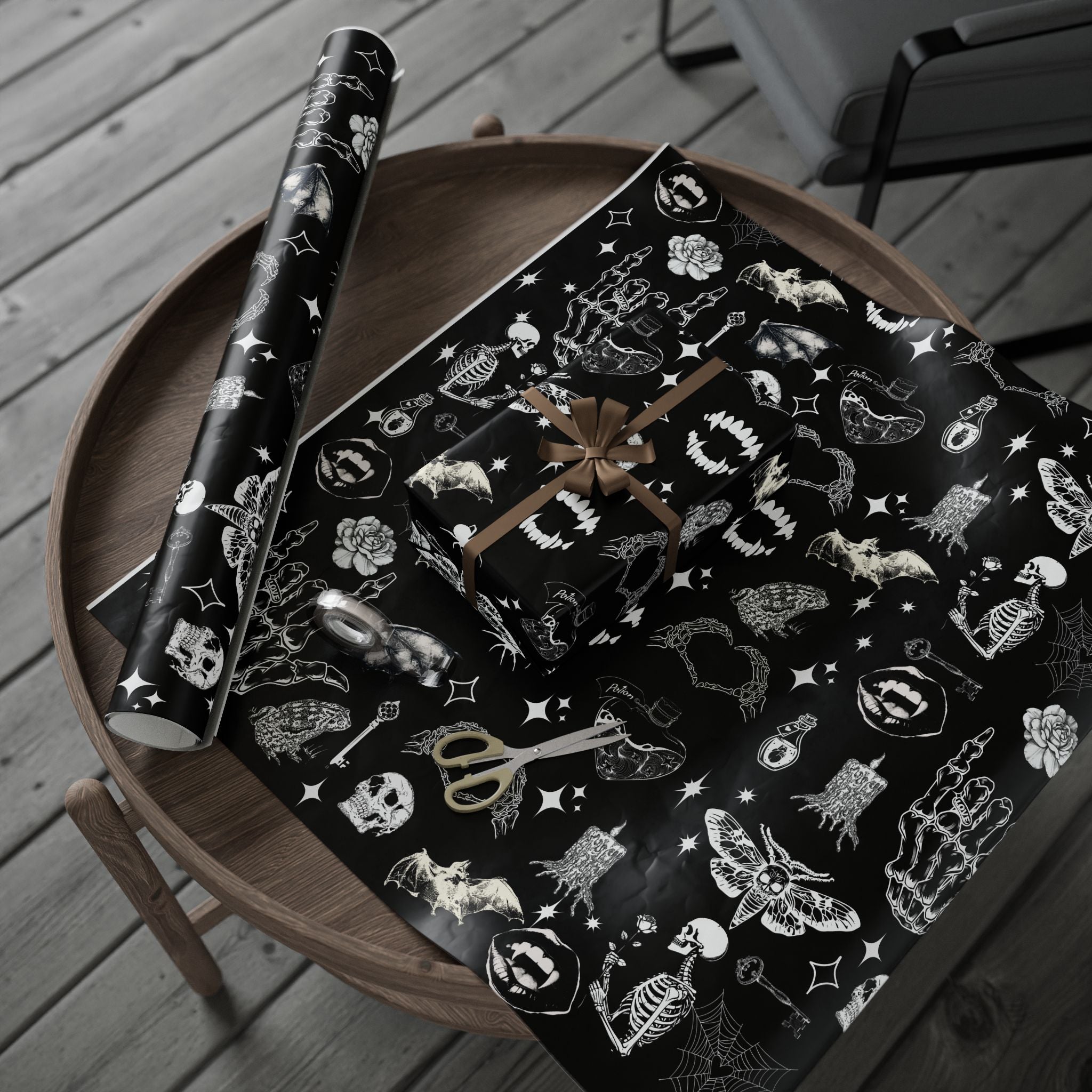 Halloween Black Skull & Spiderweb Wrapping Paper Roll — Spooky Gift Wrap