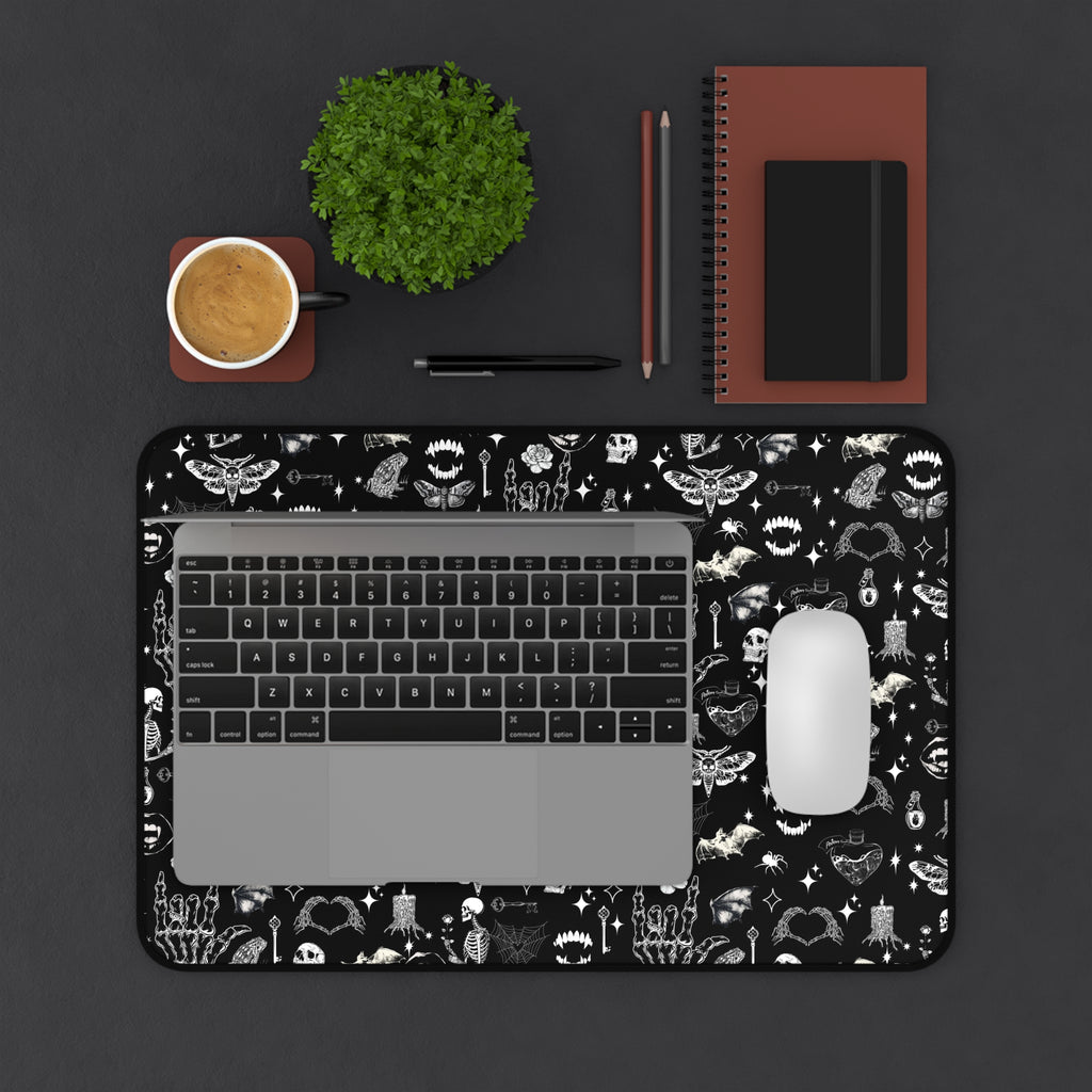 Gothic Icons Desk Mat — Black Skull & Occult Pattern Desk Mat
