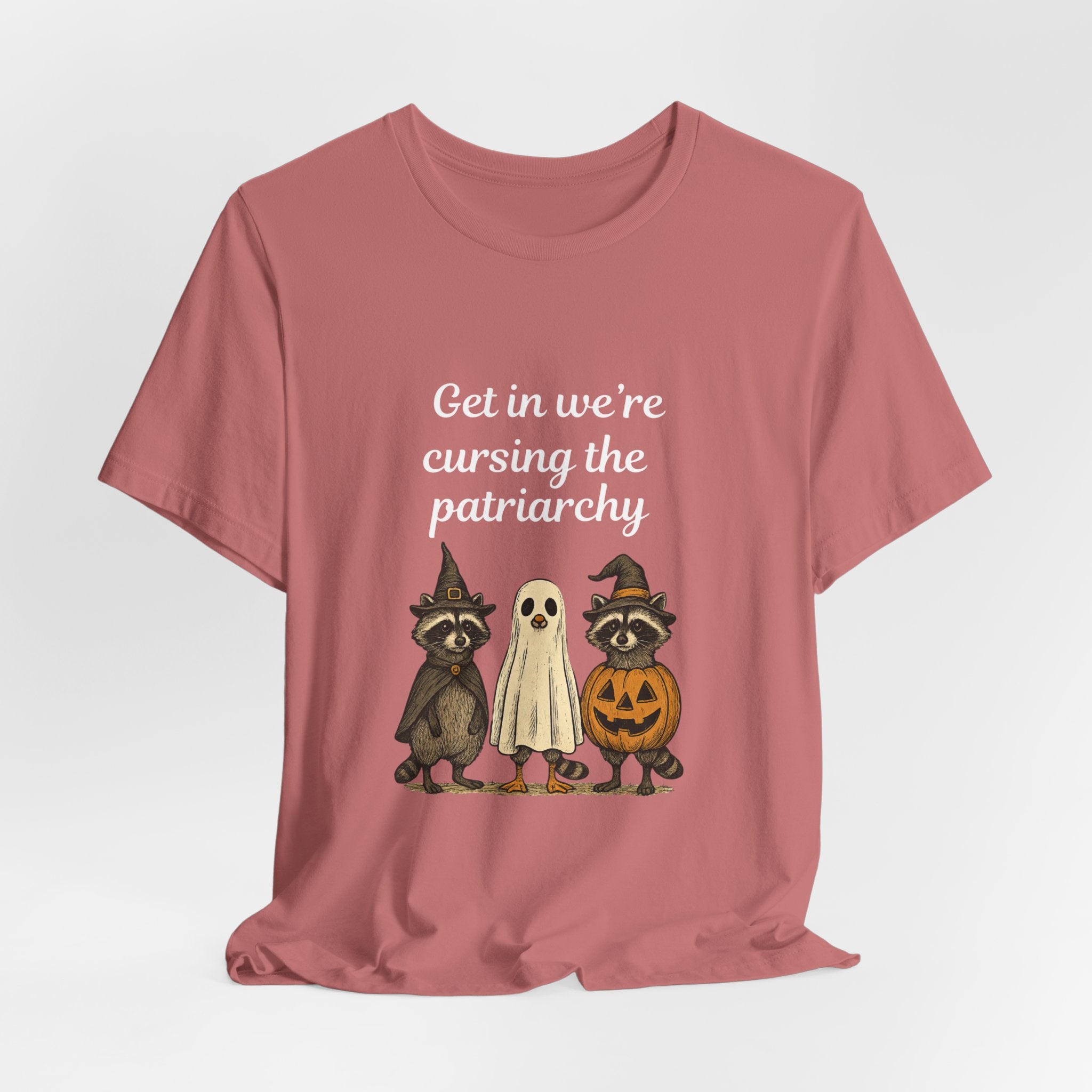 Get In We’re Cursing the Patriarchy Tee — Halloween Witch Ghost Raccoon Graphic Shirt