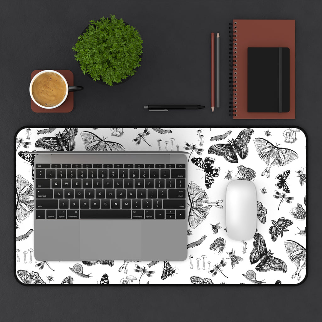 Black & White Butterfly Desk Mat Botanical Insect Pattern Desk Mat