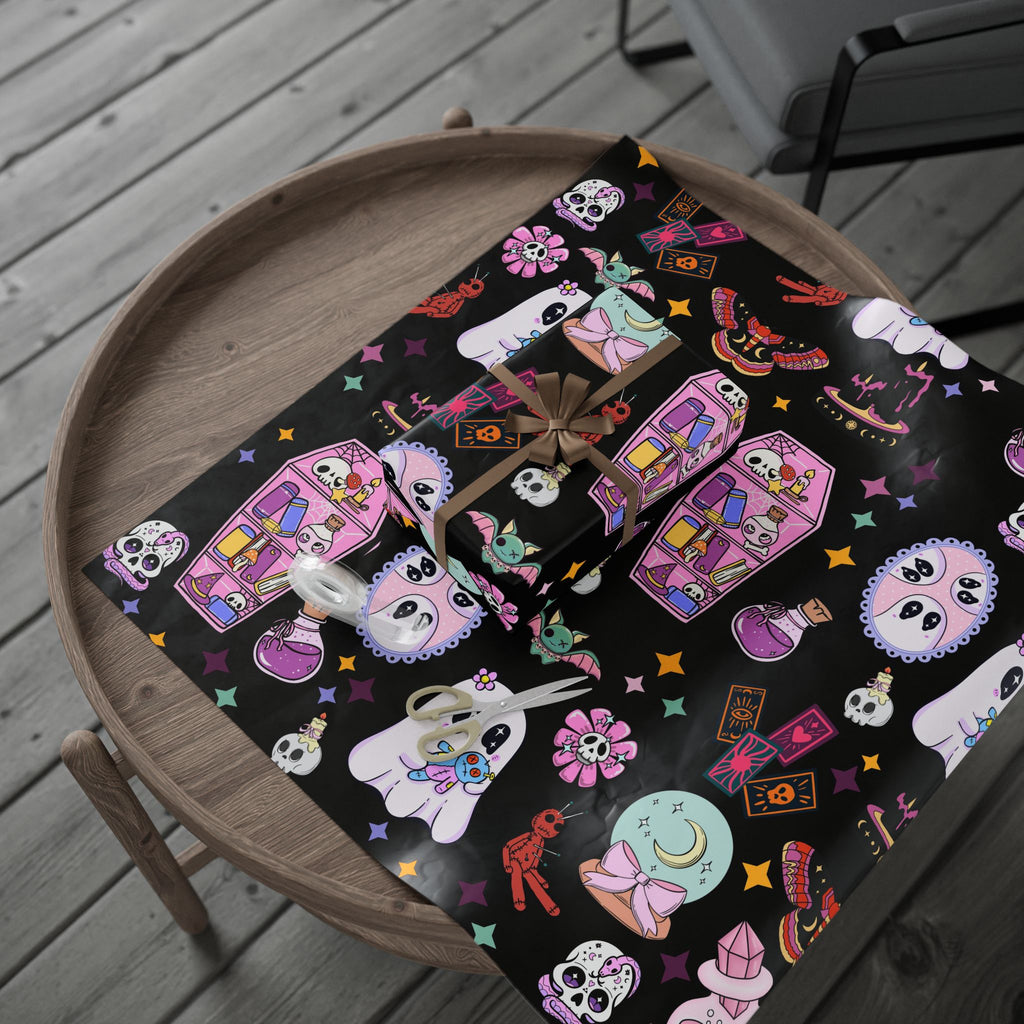 Tarot Witch Wrapping Paper Roll – Mystical Black Gift Wrap with Crystals, Cards & Stars