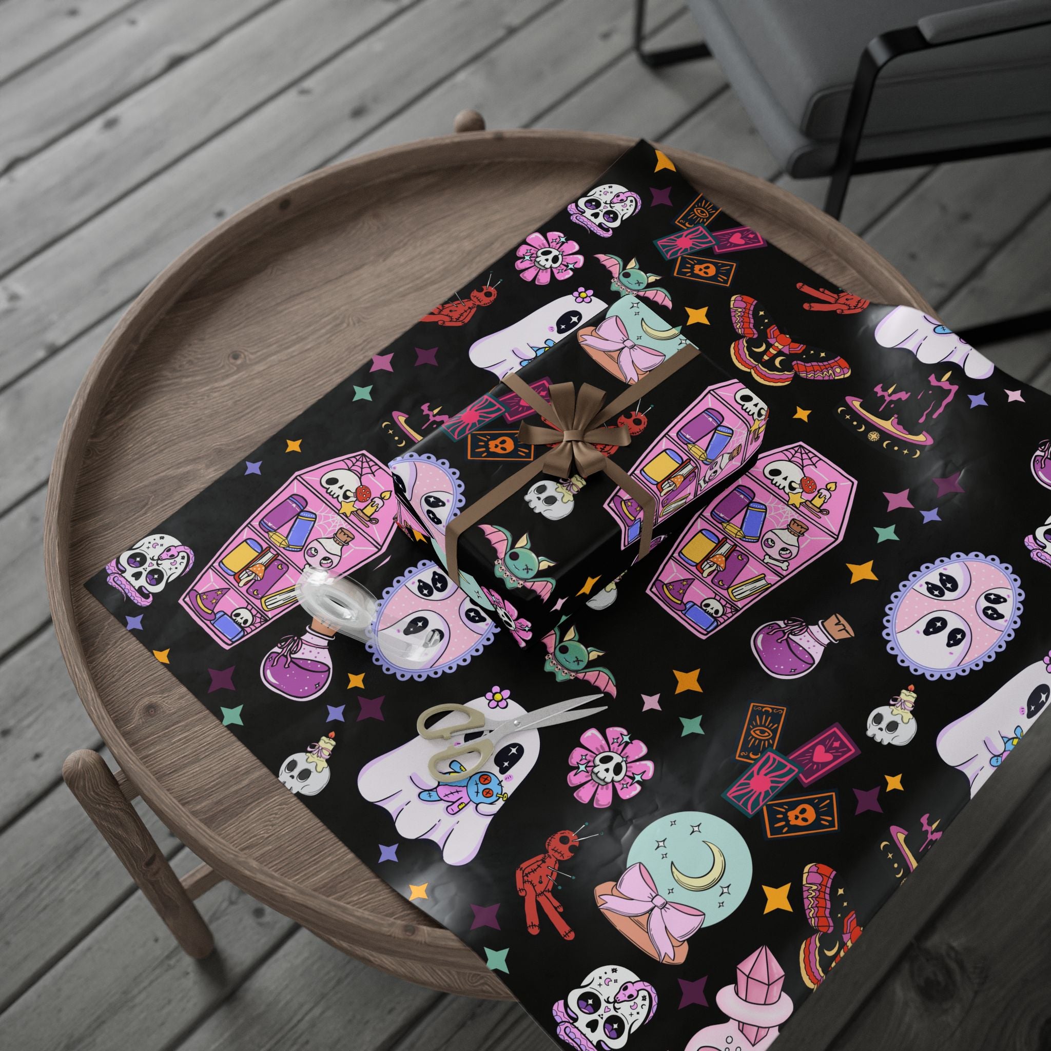 Tarot Witch Wrapping Paper Roll – Mystical Black Gift Wrap with Crystals, Cards & Stars
