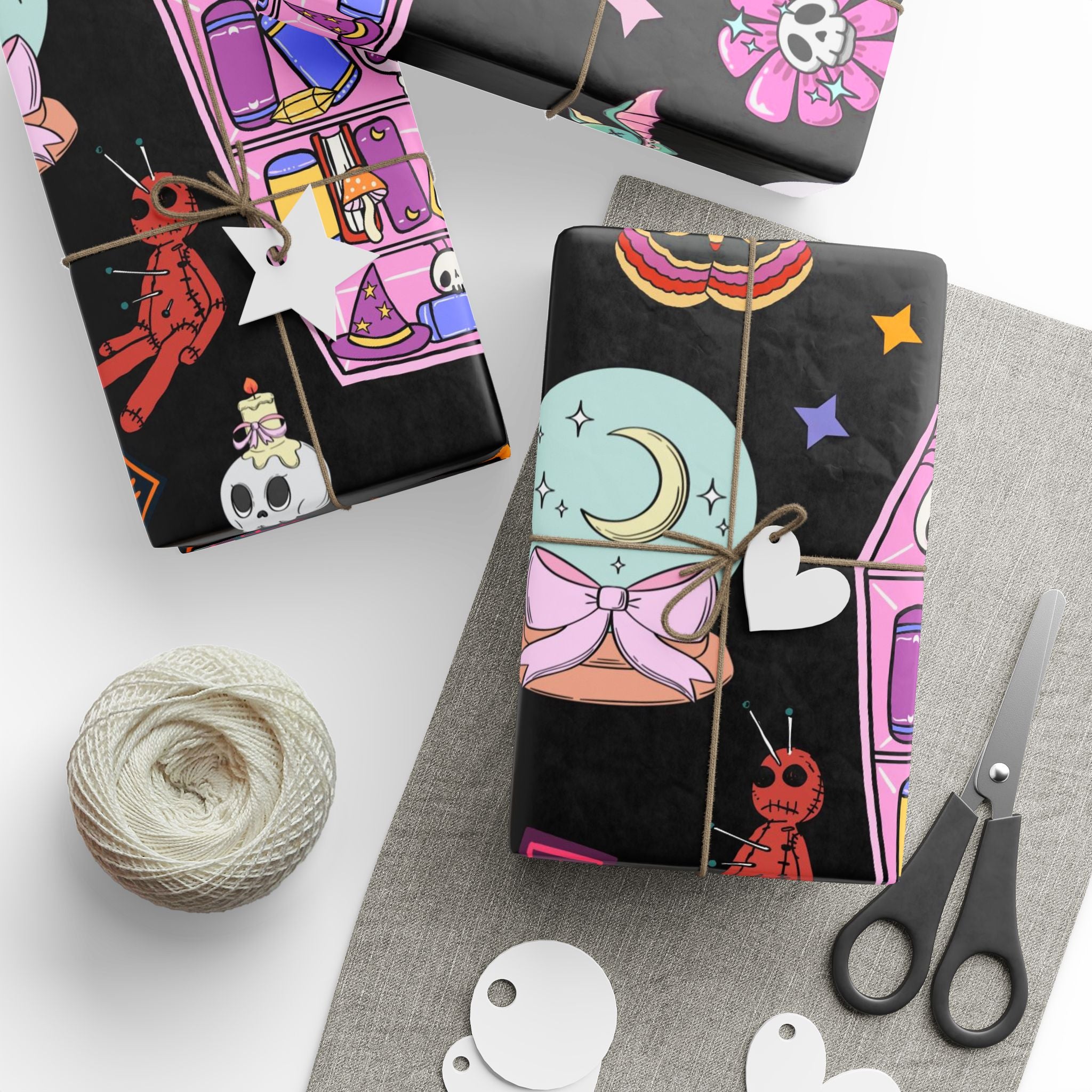 Tarot Witch Wrapping Paper Roll – Mystical Black Gift Wrap with Crystals, Cards & Stars