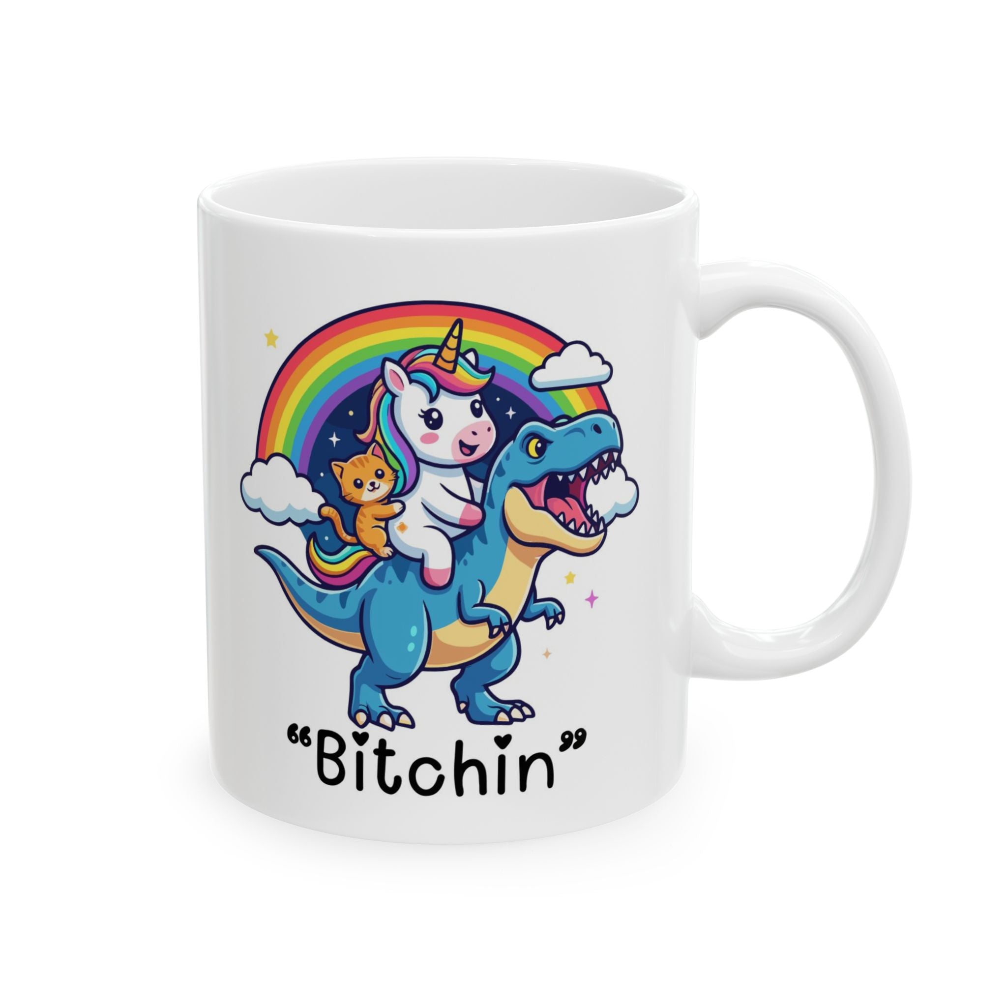 “Be Fierce” Rainbow T-Rex Ceramic Mug (11oz & 15oz) - Funny Dinosaur Coffee Cup, Cute Colorful Gift