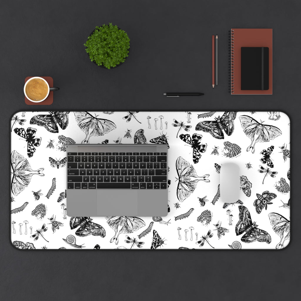Black & White Butterfly Desk Mat Botanical Insect Pattern Desk Mat