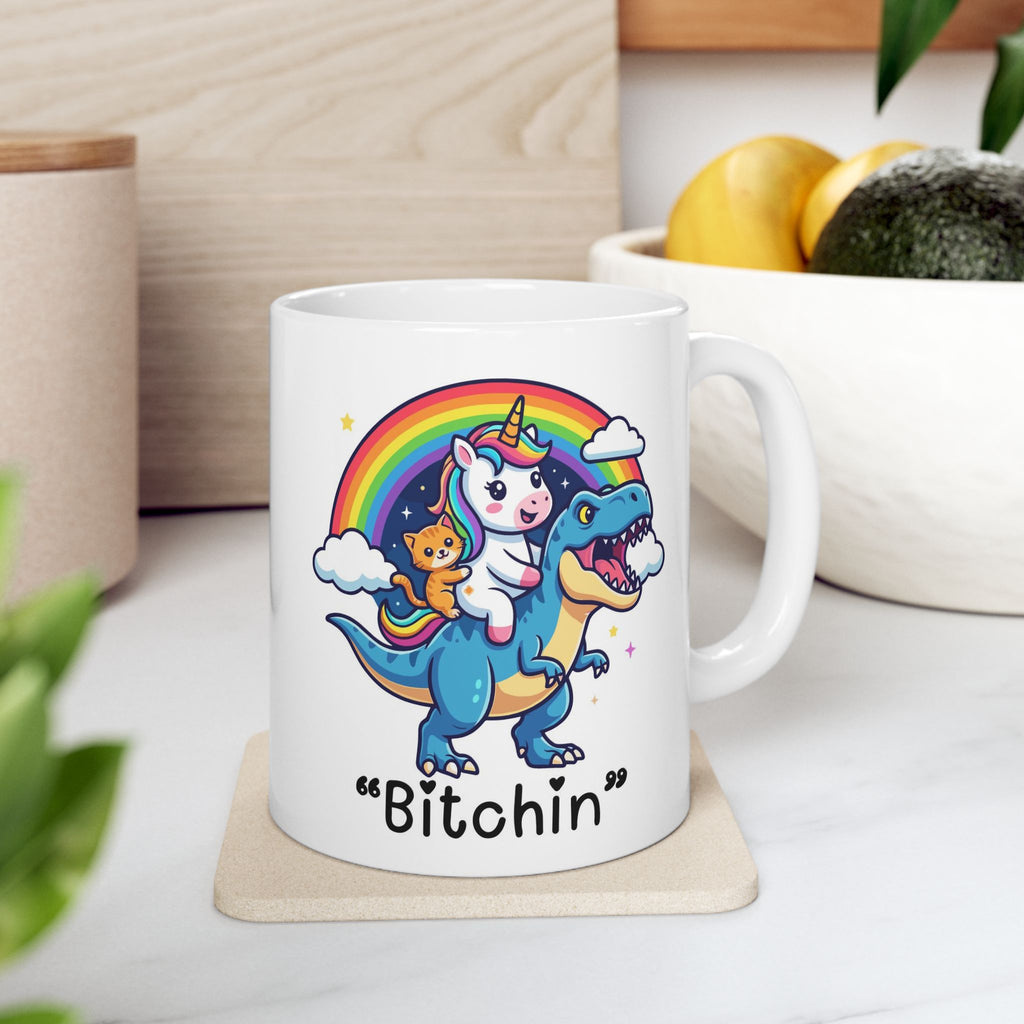 “Be Fierce” Rainbow T-Rex Ceramic Mug (11oz & 15oz) - Funny Dinosaur Coffee Cup, Cute Colorful Gift