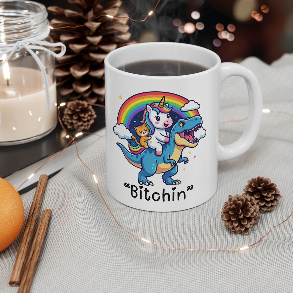 “Be Fierce” Rainbow T-Rex Ceramic Mug (11oz & 15oz) - Funny Dinosaur Coffee Cup, Cute Colorful Gift