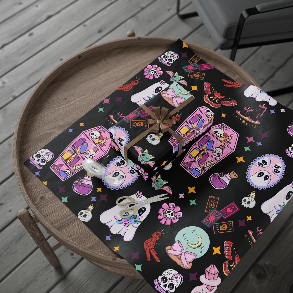 Tarot Witch Wrapping Paper Roll – Mystical Black Gift Wrap with Crystals, Cards & Stars