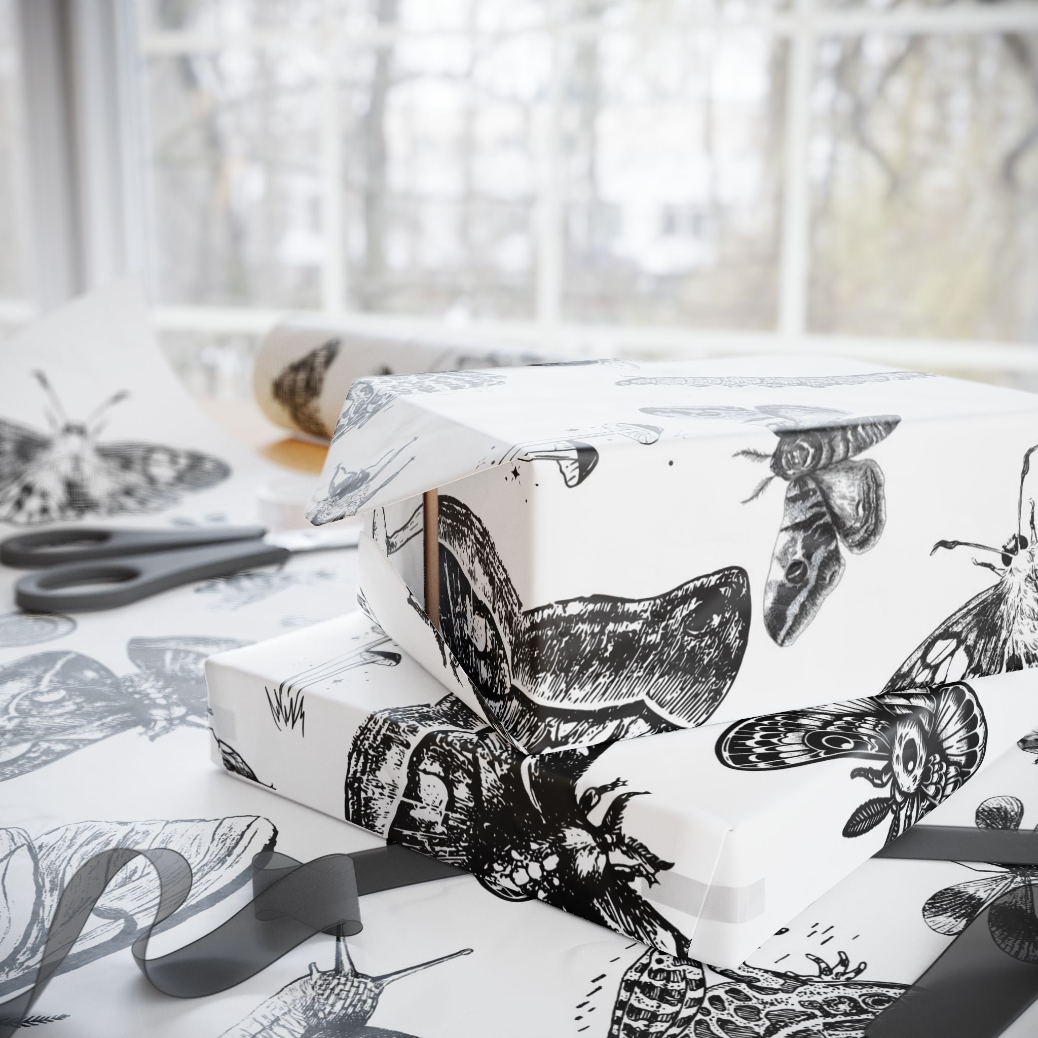 Butterfly & Moth Wrapping Paper – Black Botanical Sketches