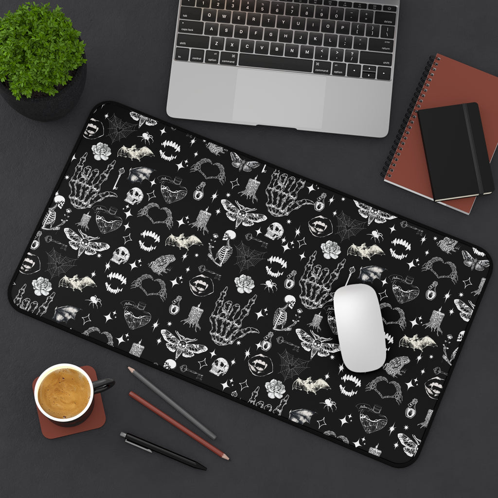 Gothic Icons Desk Mat — Black Skull & Occult Pattern Desk Mat