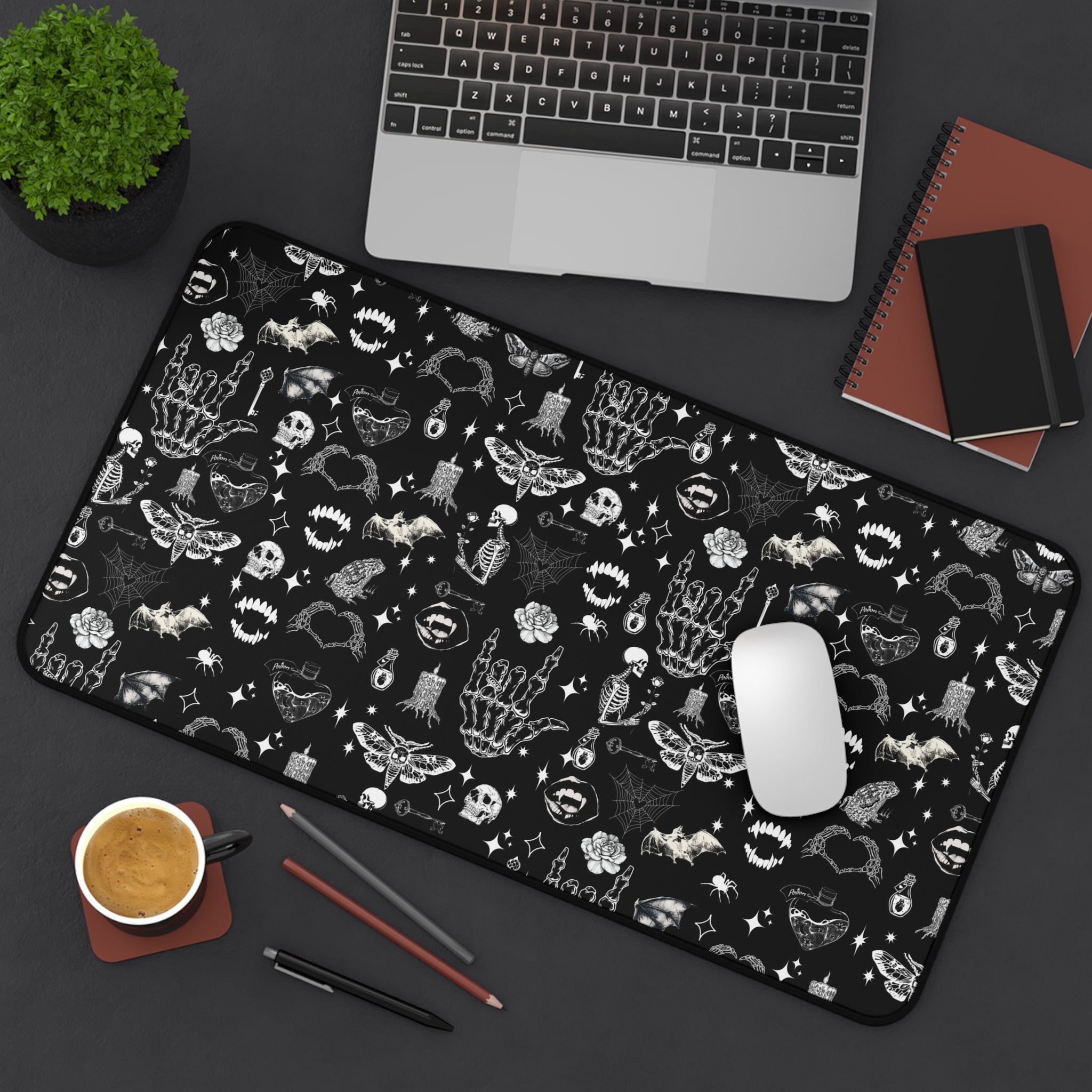 Gothic Icons Desk Mat — Black Skull & Occult Pattern Desk Mat