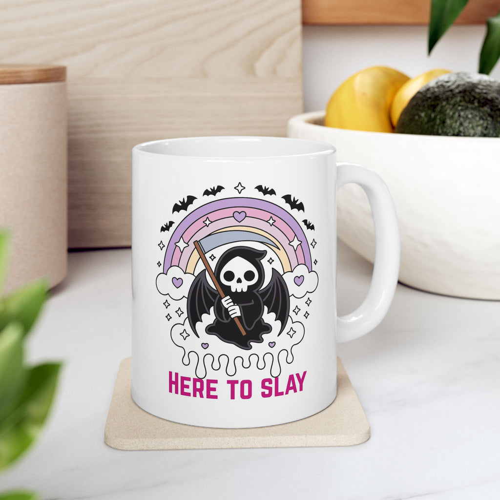 Here to Slay Mug — Cute Goth Rainbow Ceramic Coffee Cup (11oz & 15oz)