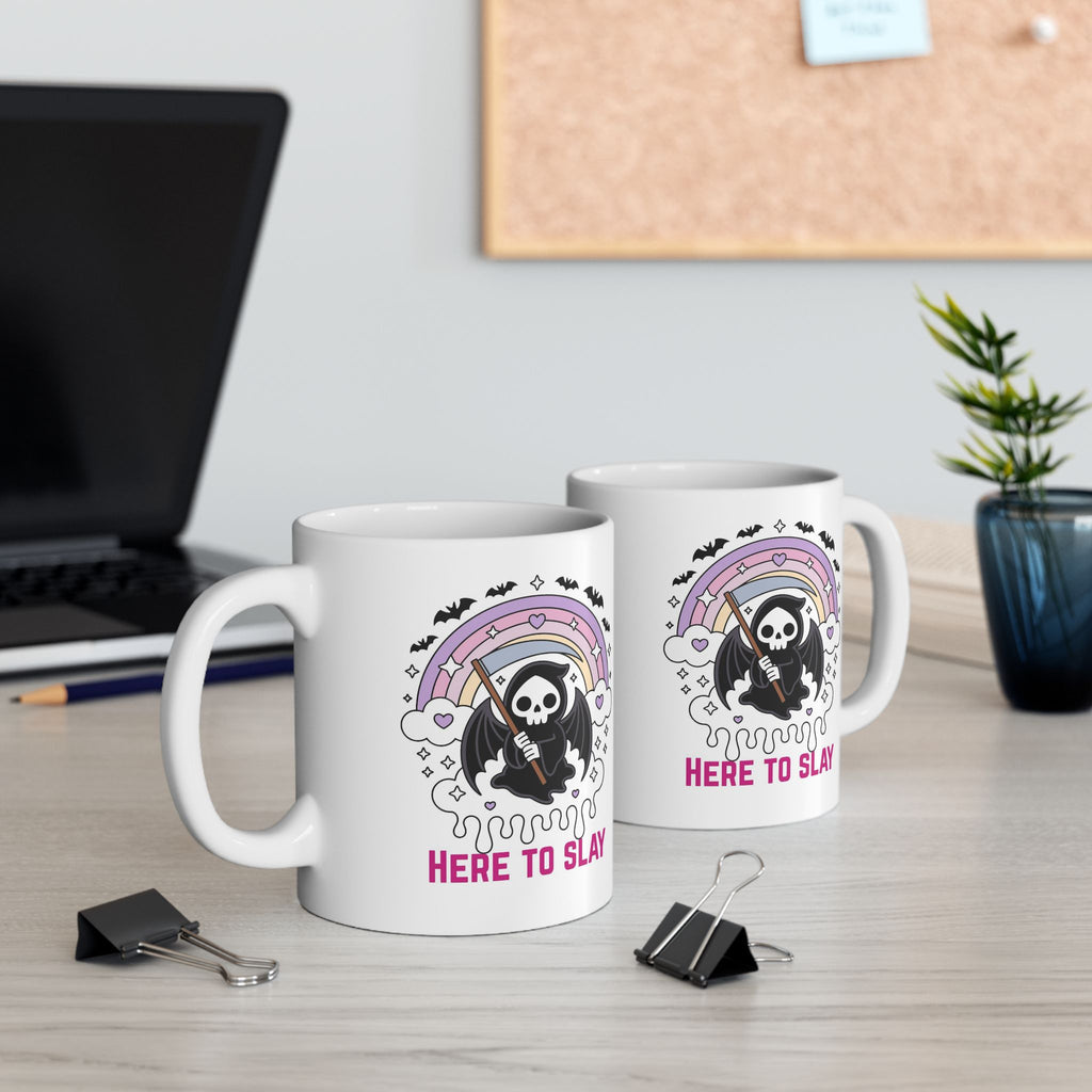 Here to Slay Mug — Cute Goth Rainbow Ceramic Coffee Cup (11oz & 15oz)
