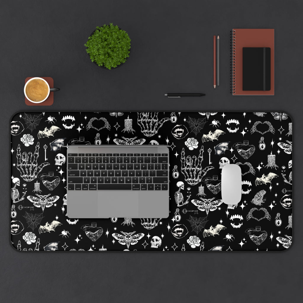 Gothic Icons Desk Mat — Black Skull & Occult Pattern Desk Mat