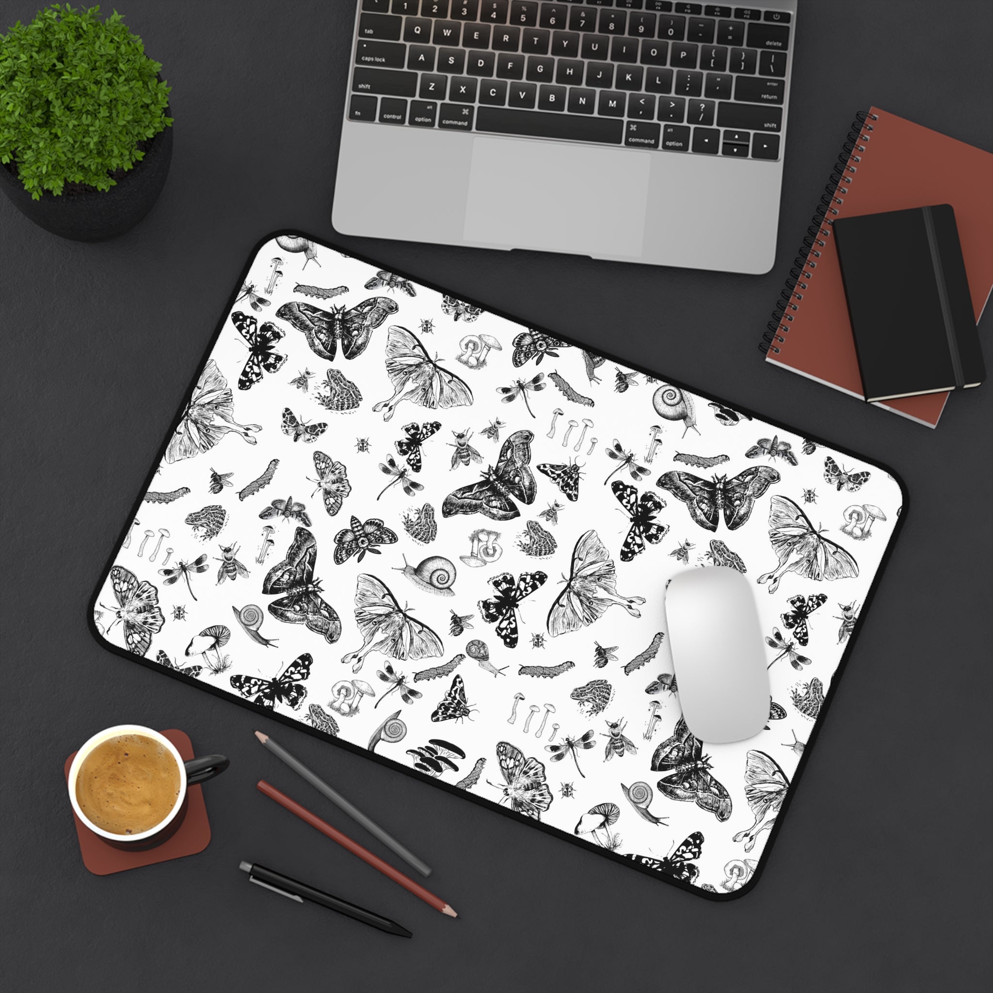 Black & White Butterfly Desk Mat Botanical Insect Pattern Desk Mat