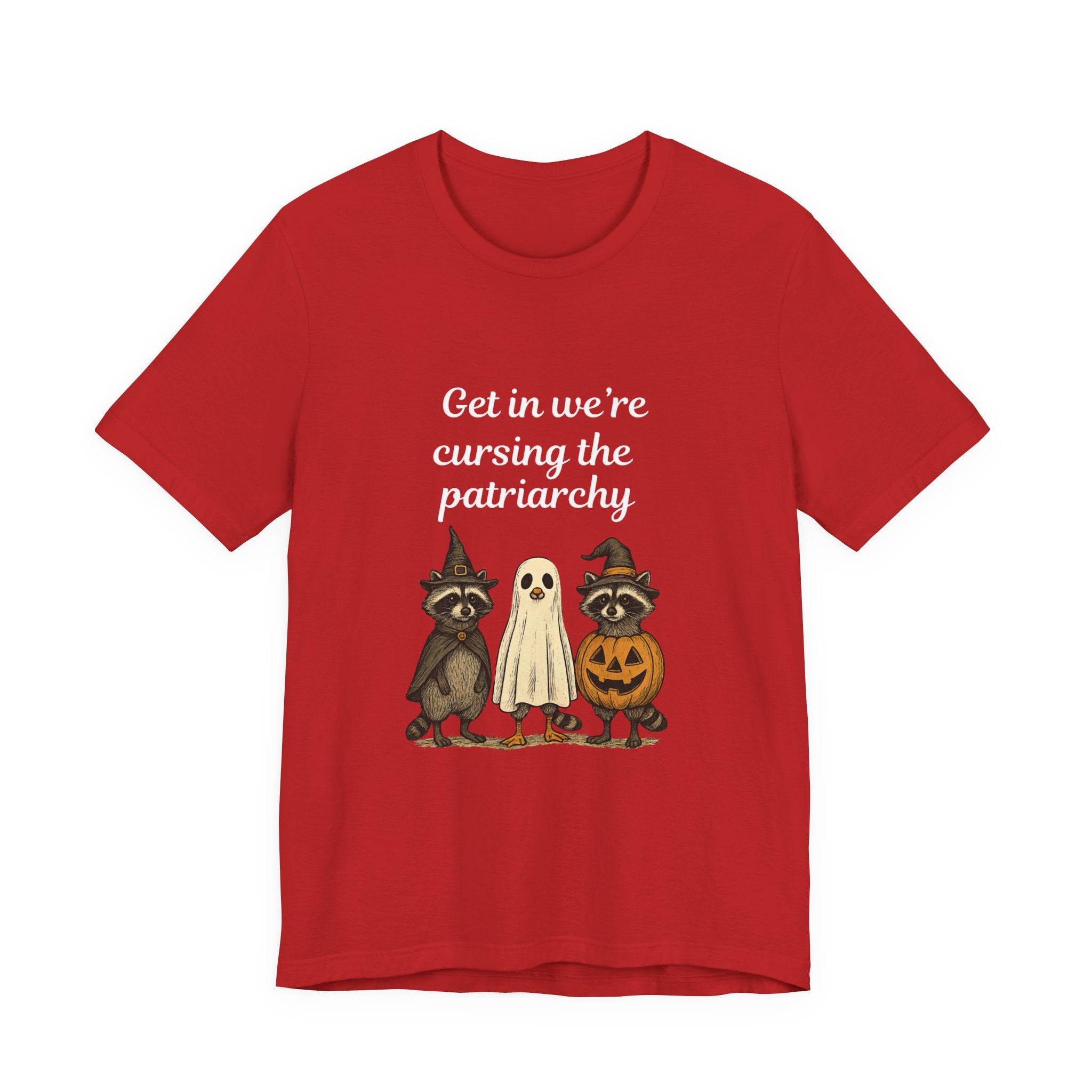 Get In We’re Cursing the Patriarchy Tee — Halloween Witch Ghost Raccoon Graphic Shirt