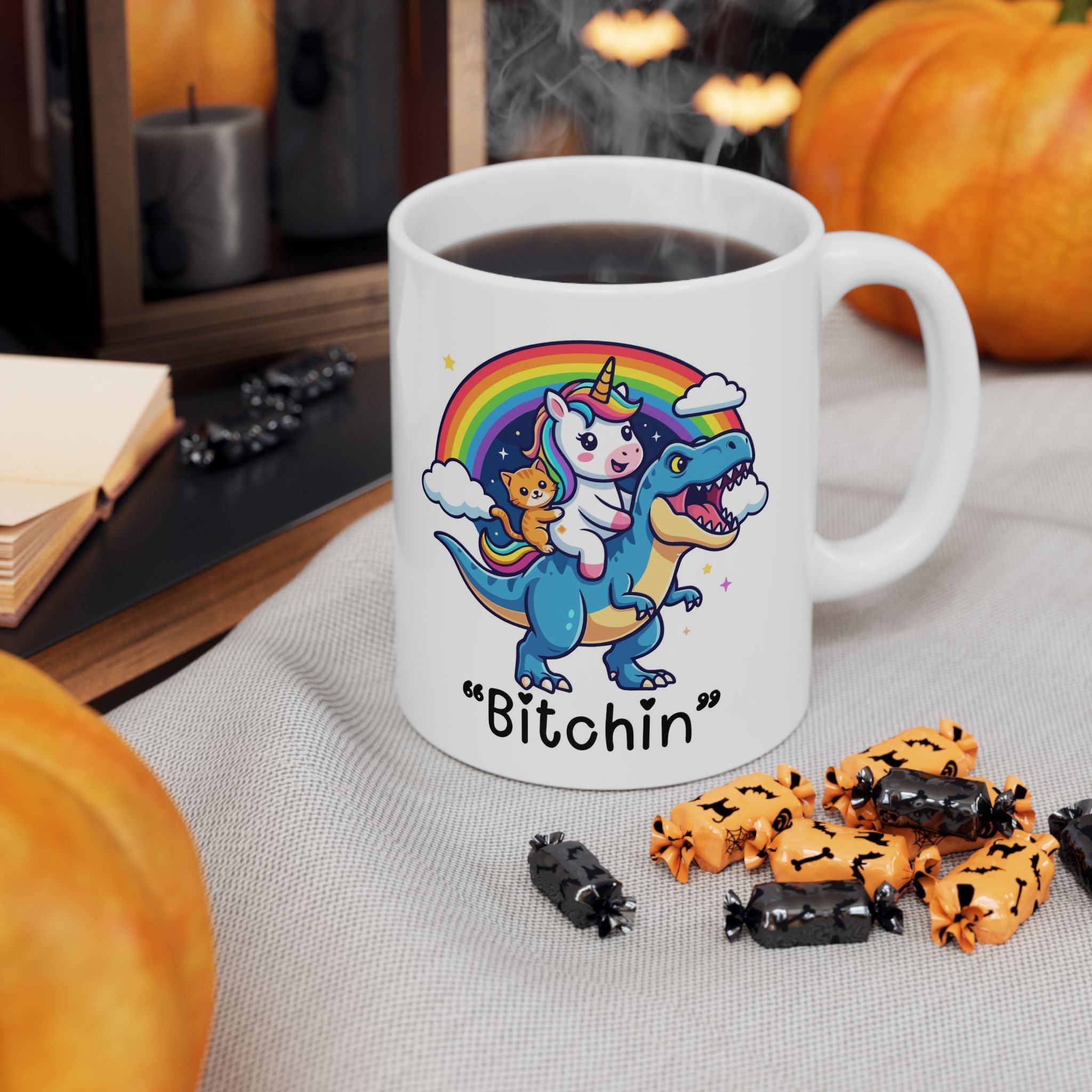 “Be Fierce” Rainbow T-Rex Ceramic Mug (11oz & 15oz) - Funny Dinosaur Coffee Cup, Cute Colorful Gift