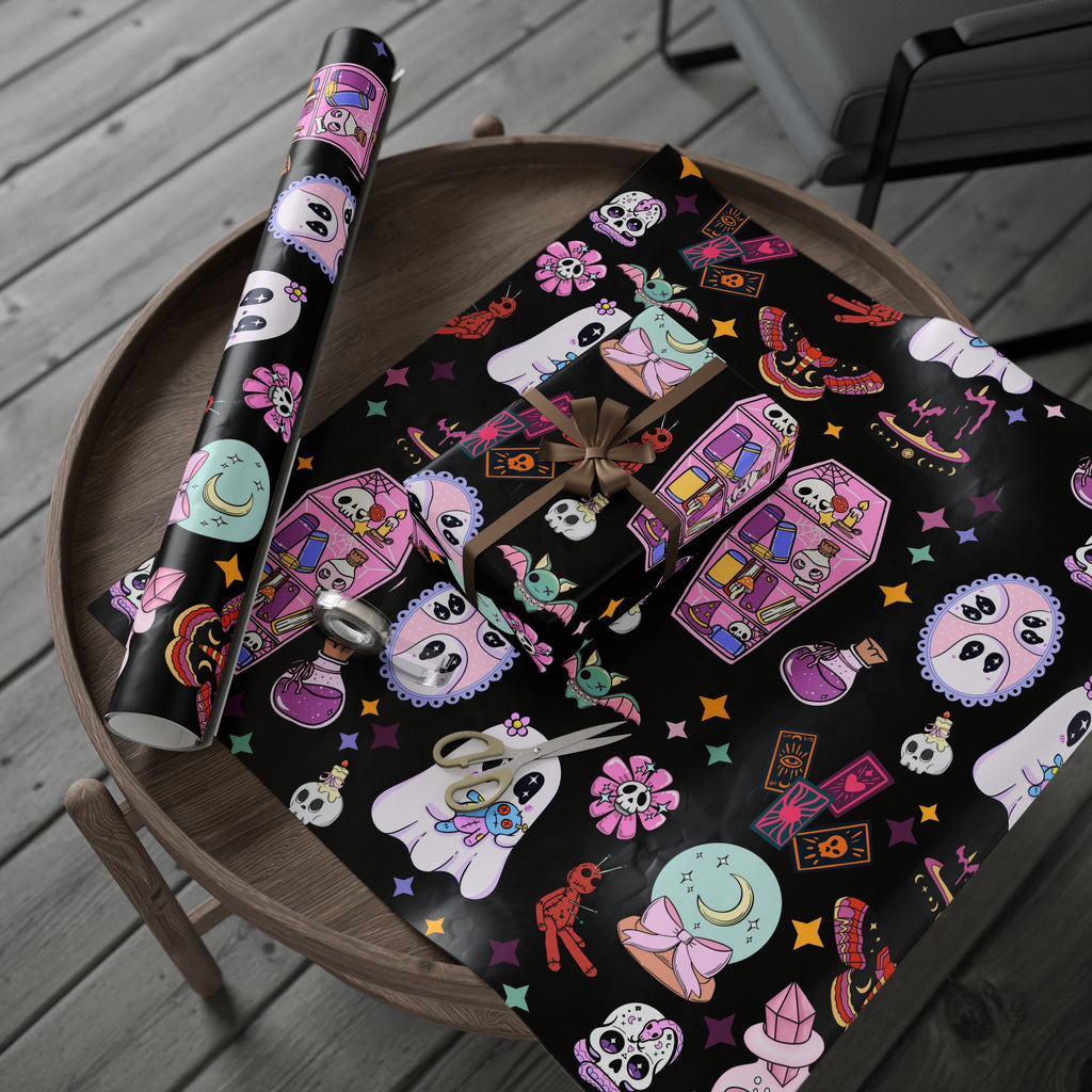 Tarot Witch Wrapping Paper Roll – Mystical Black Gift Wrap with Crystals, Cards & Stars