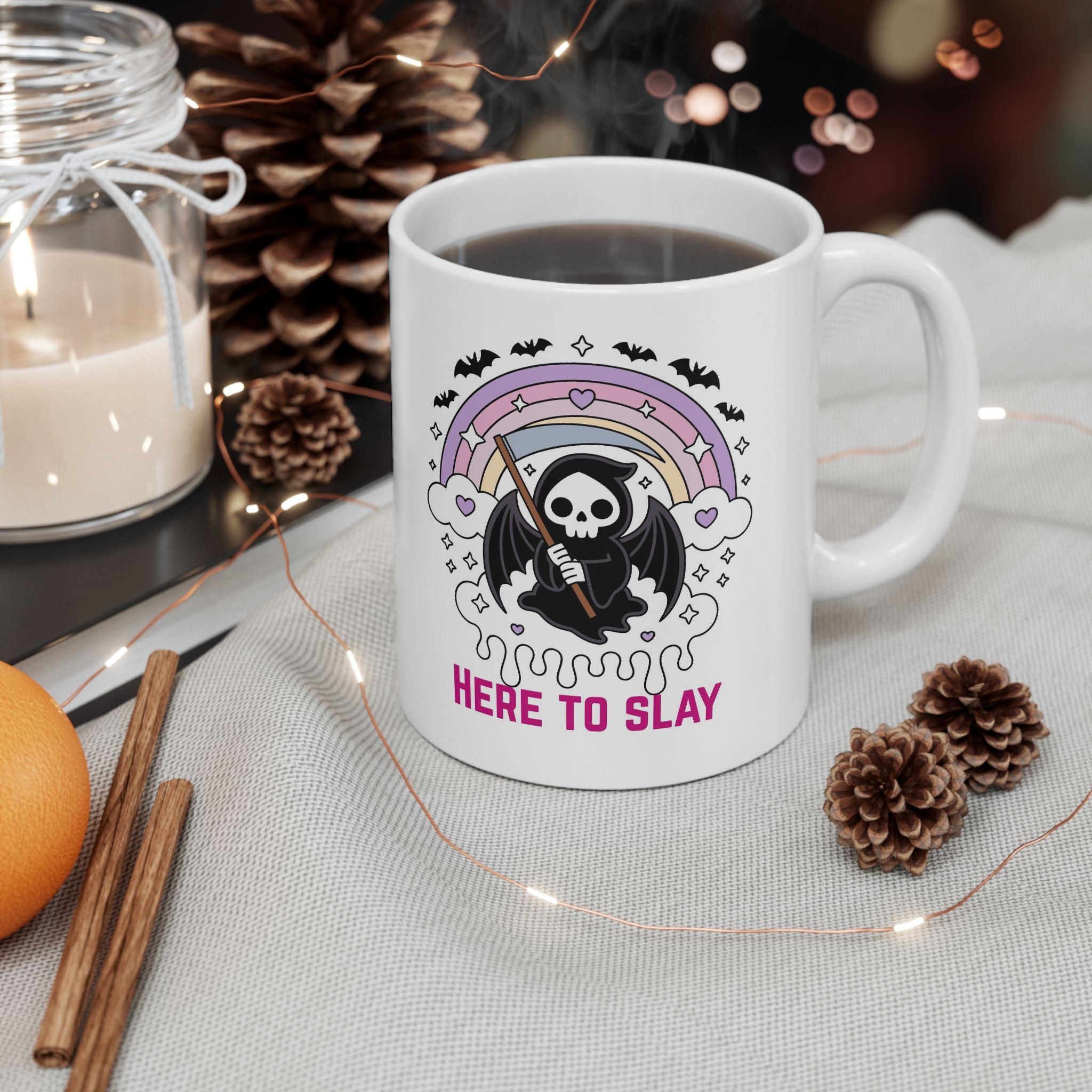 Here to Slay Mug — Cute Goth Rainbow Ceramic Coffee Cup (11oz & 15oz)