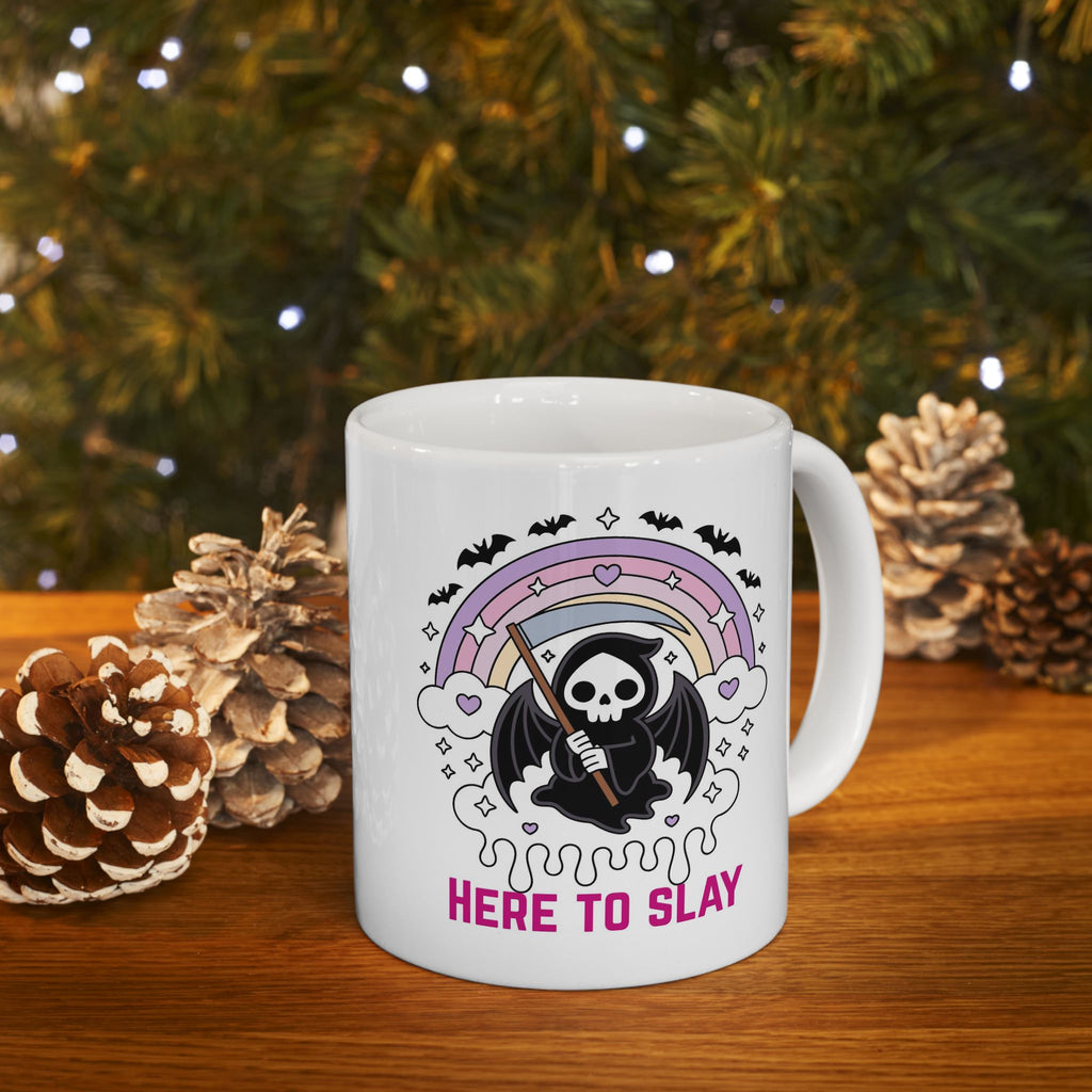 Here to Slay Mug — Cute Goth Rainbow Ceramic Coffee Cup (11oz & 15oz)