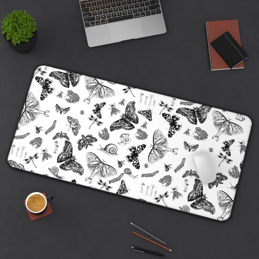 Black & White Butterfly Desk Mat Botanical Insect Pattern Desk Mat