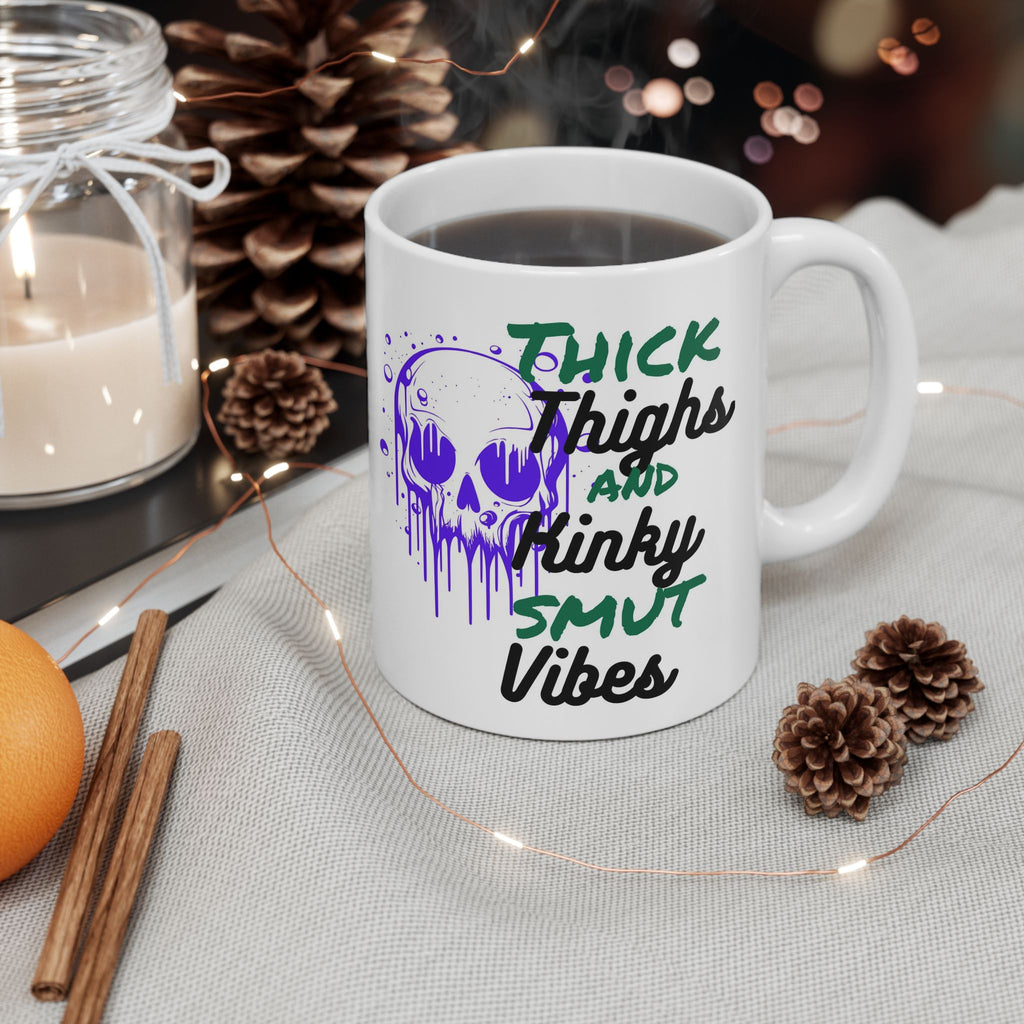11oz/15oz Ceramic Mug — 'Thick Thighs & Spooky Vibes' Halloween Skull Coffee Cup