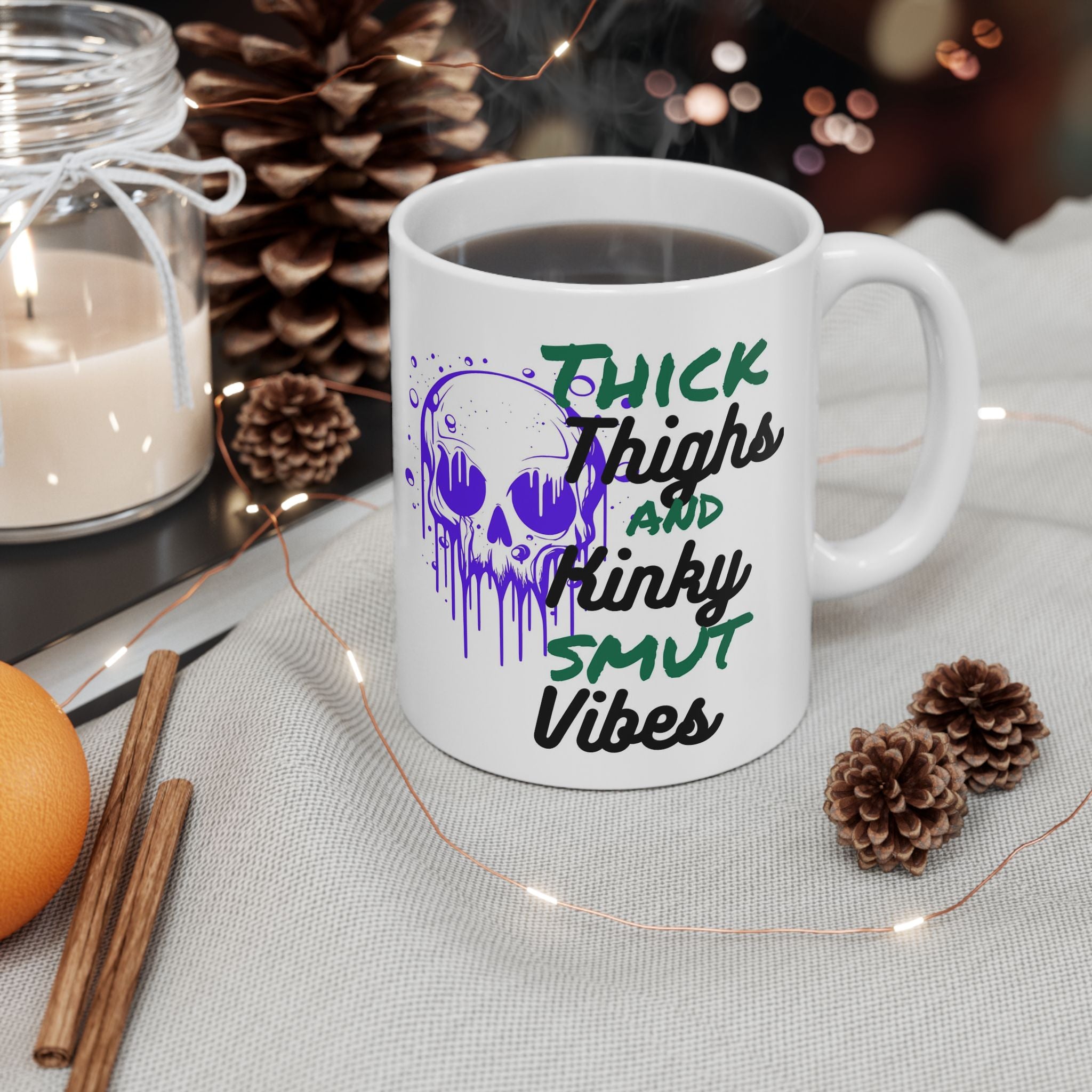11oz/15oz Ceramic Mug — 'Thick Thighs & Spooky Vibes' Halloween Skull Coffee Cup