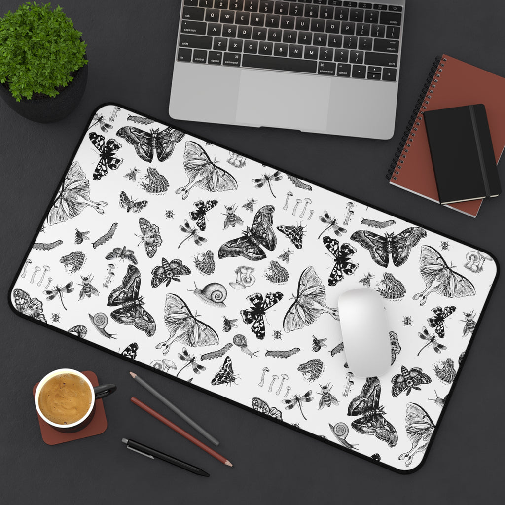 Black & White Butterfly Desk Mat Botanical Insect Pattern Desk Mat