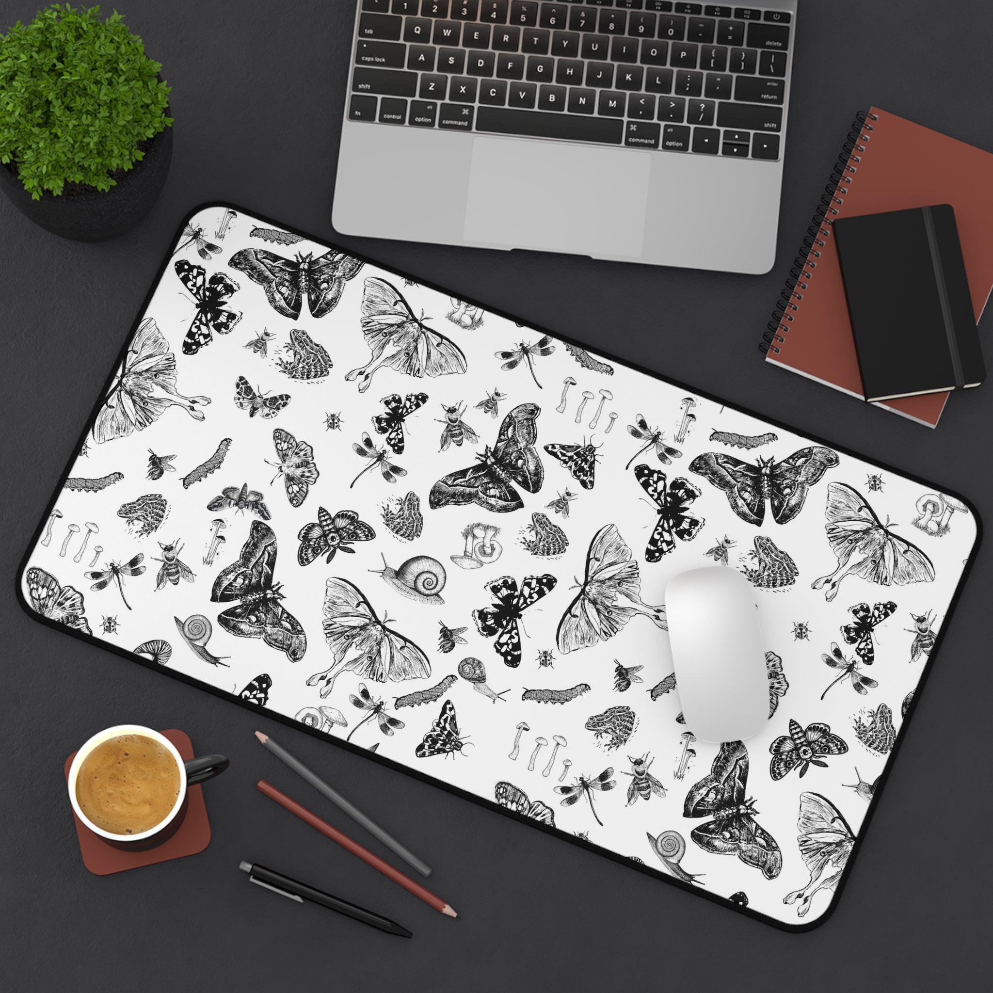 Black & White Butterfly Desk Mat Botanical Insect Pattern Desk Mat