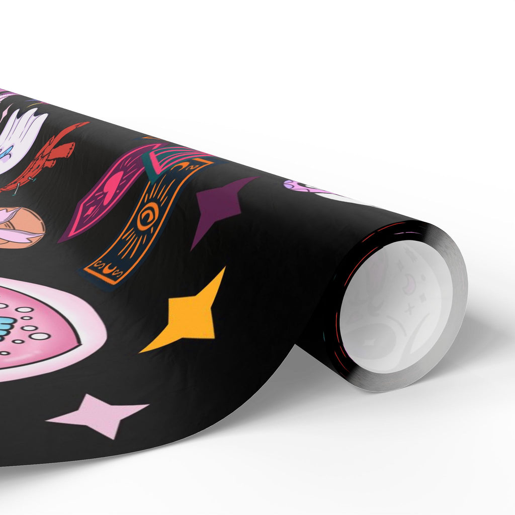 Tarot Witch Wrapping Paper Roll – Mystical Black Gift Wrap with Crystals, Cards & Stars