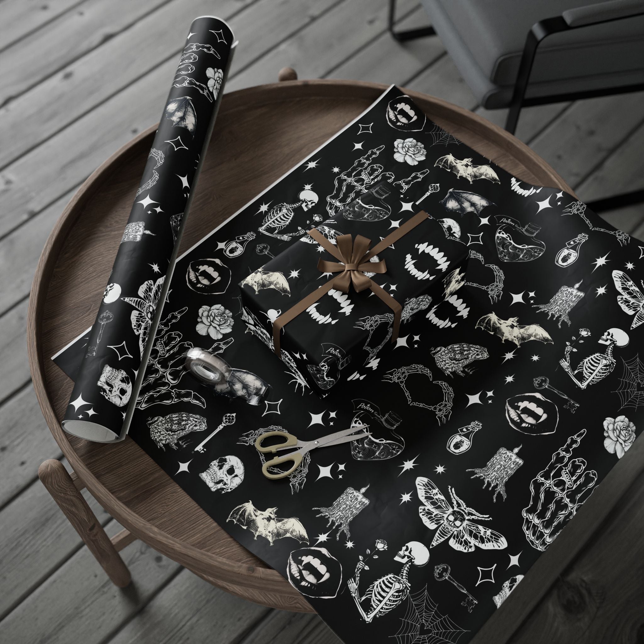 Halloween Black Skull & Spiderweb Wrapping Paper Roll — Spooky Gift Wrap