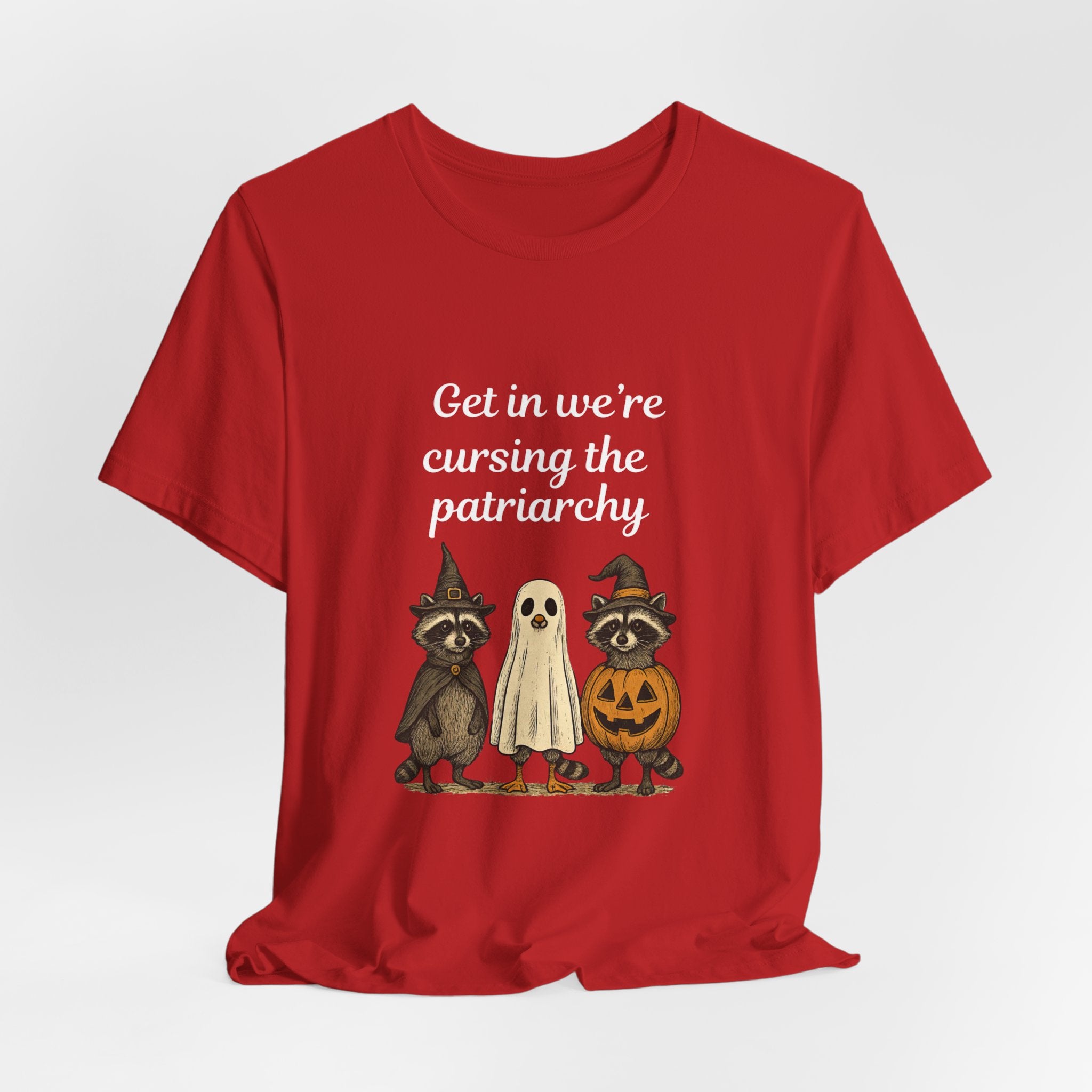Get In We’re Cursing the Patriarchy Tee — Halloween Witch Ghost Raccoon Graphic Shirt