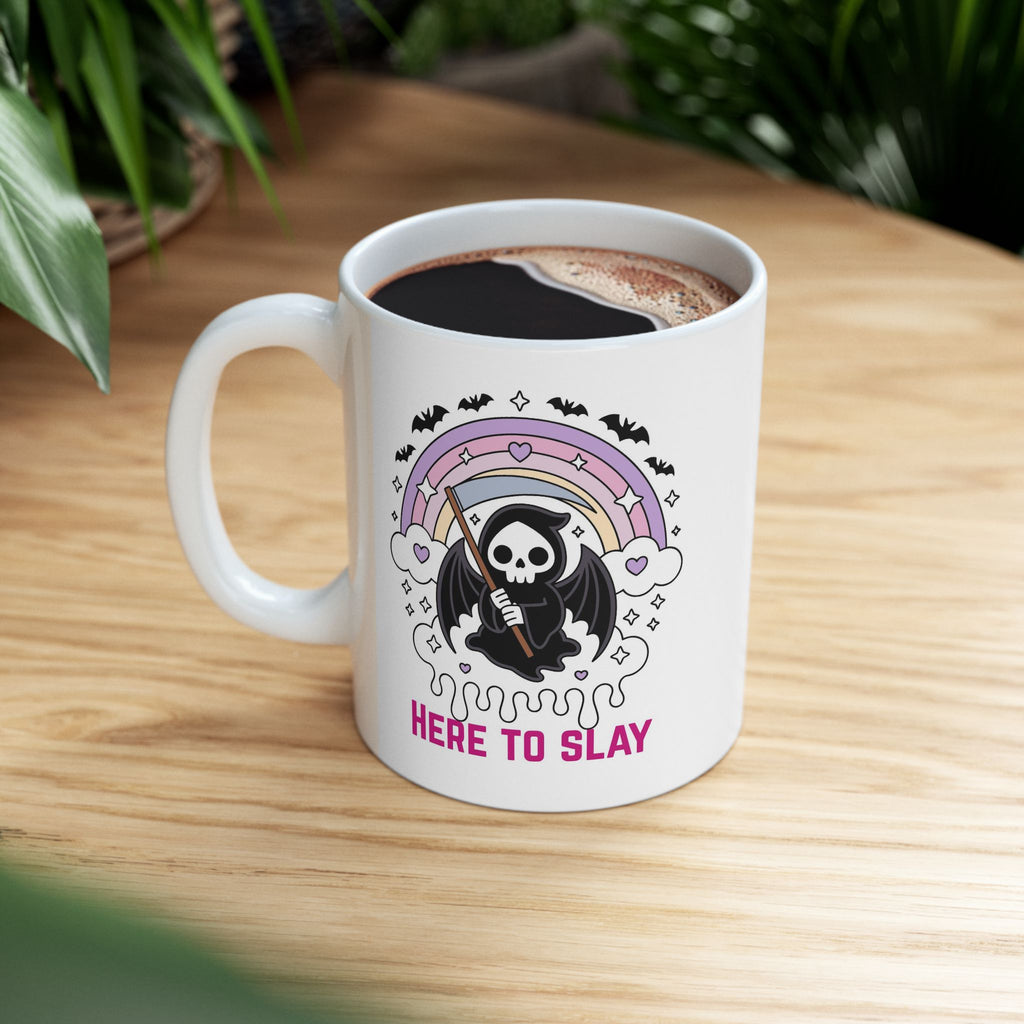 Here to Slay Mug — Cute Goth Rainbow Ceramic Coffee Cup (11oz & 15oz)