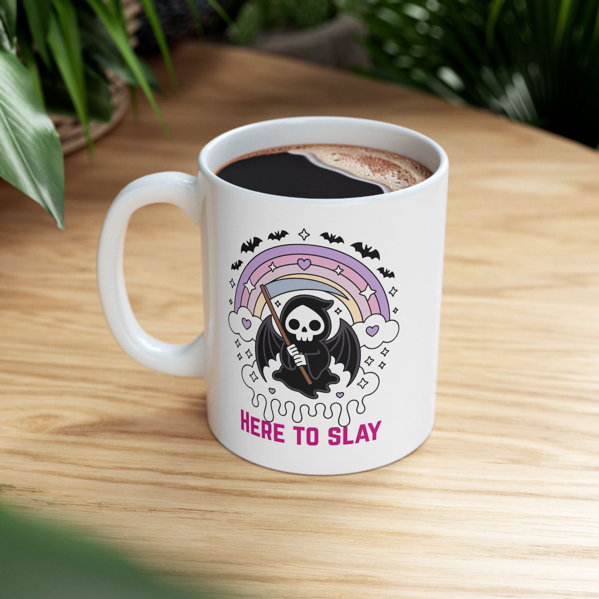 Here to Slay Mug — Cute Goth Rainbow Ceramic Coffee Cup (11oz & 15oz)