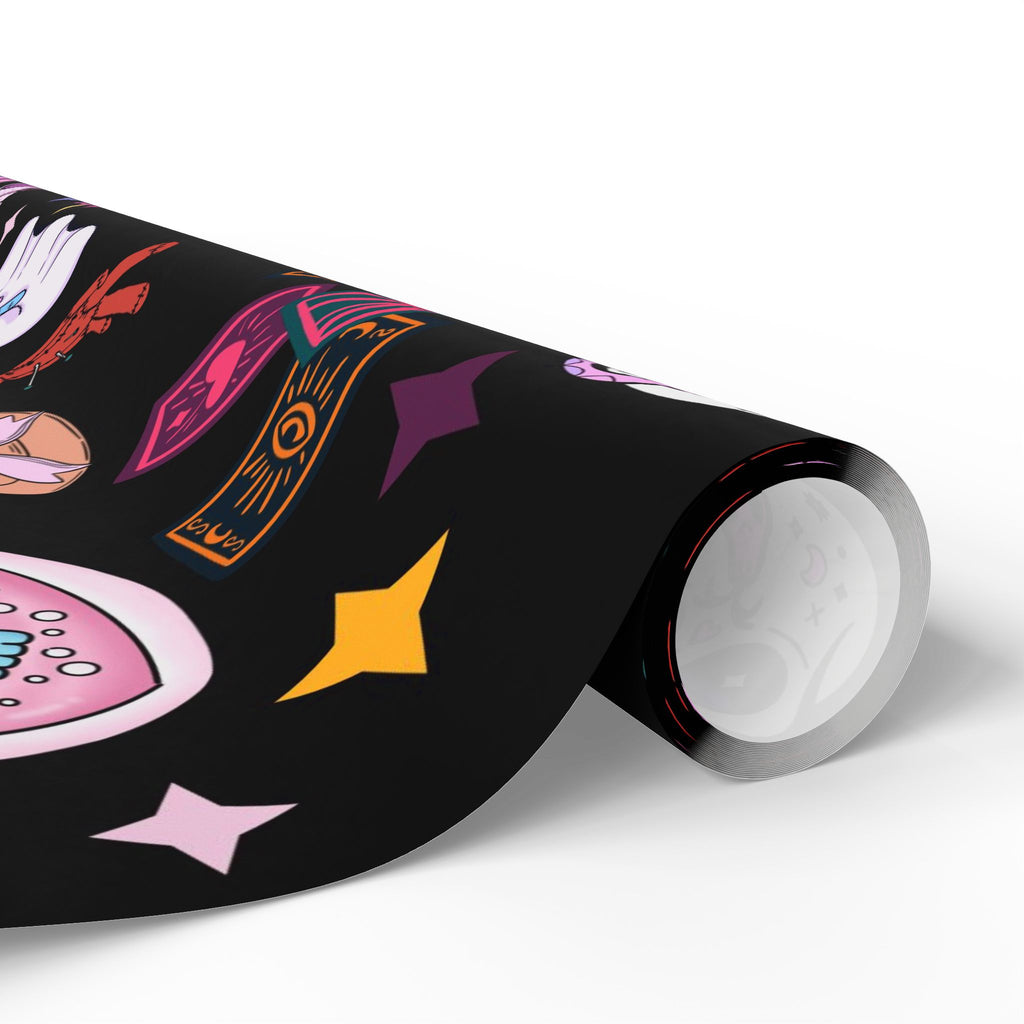 Tarot Witch Wrapping Paper Roll – Mystical Black Gift Wrap with Crystals, Cards & Stars