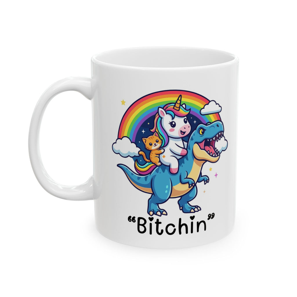 “Be Fierce” Rainbow T-Rex Ceramic Mug (11oz & 15oz) - Funny Dinosaur Coffee Cup, Cute Colorful Gift