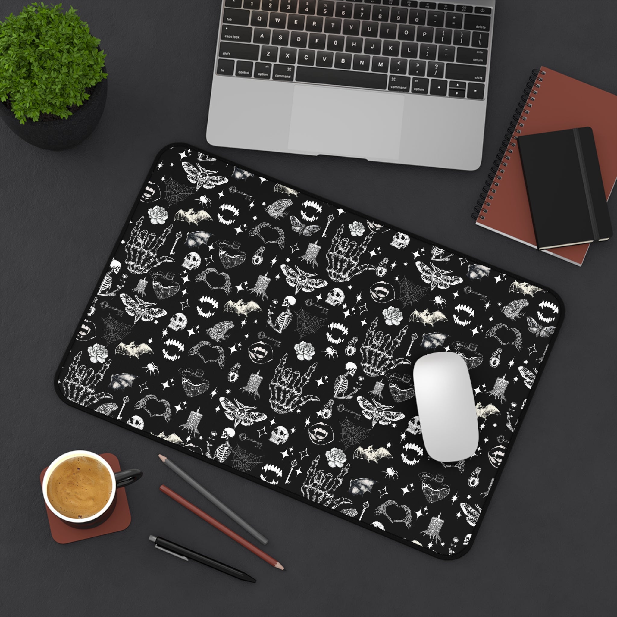 Gothic Icons Desk Mat — Black Skull & Occult Pattern Desk Mat
