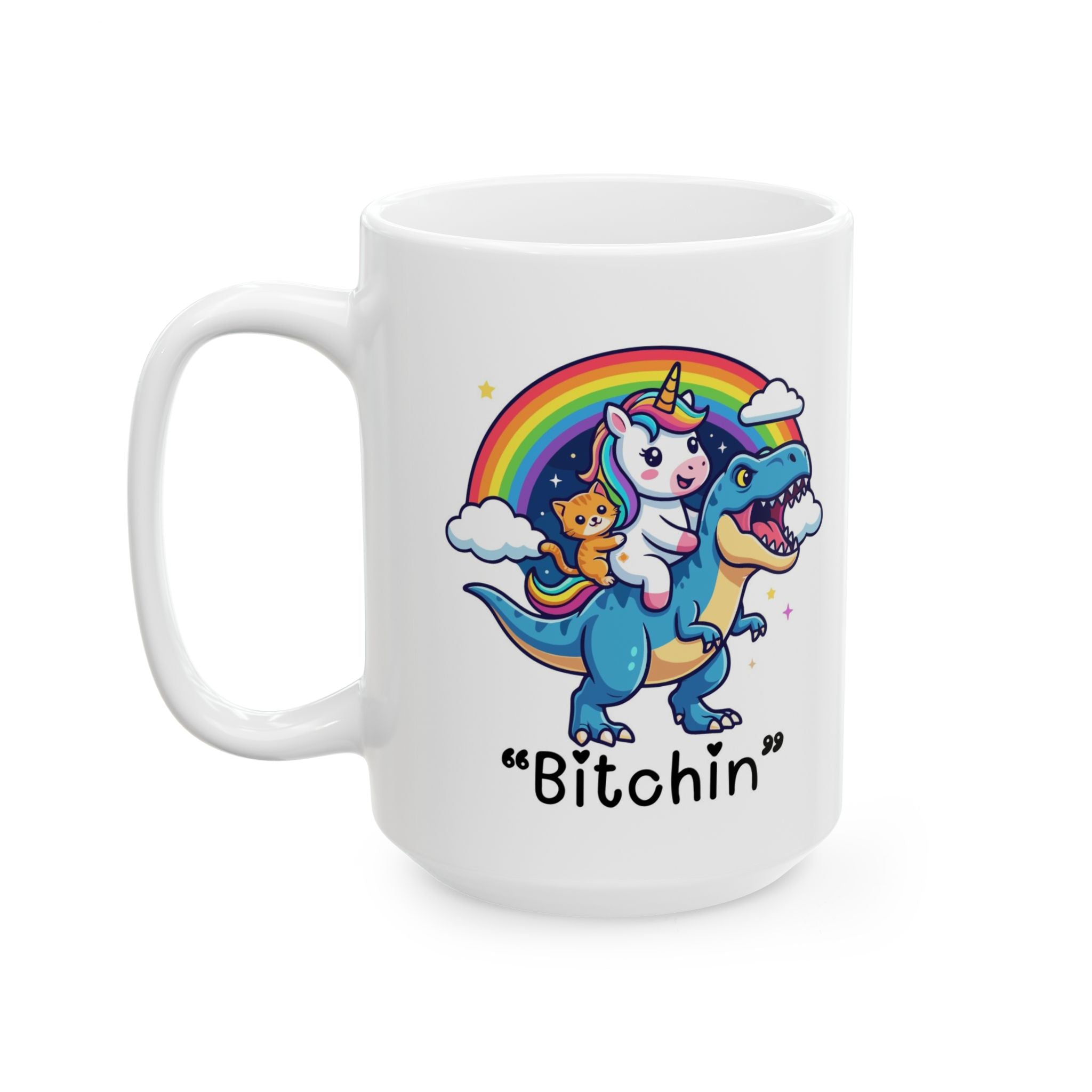 “Be Fierce” Rainbow T-Rex Ceramic Mug (11oz & 15oz) - Funny Dinosaur Coffee Cup, Cute Colorful Gift