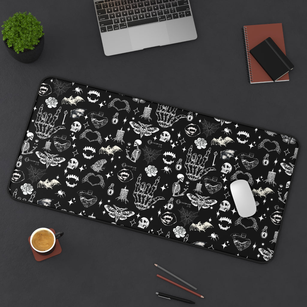 Gothic Icons Desk Mat — Black Skull & Occult Pattern Desk Mat
