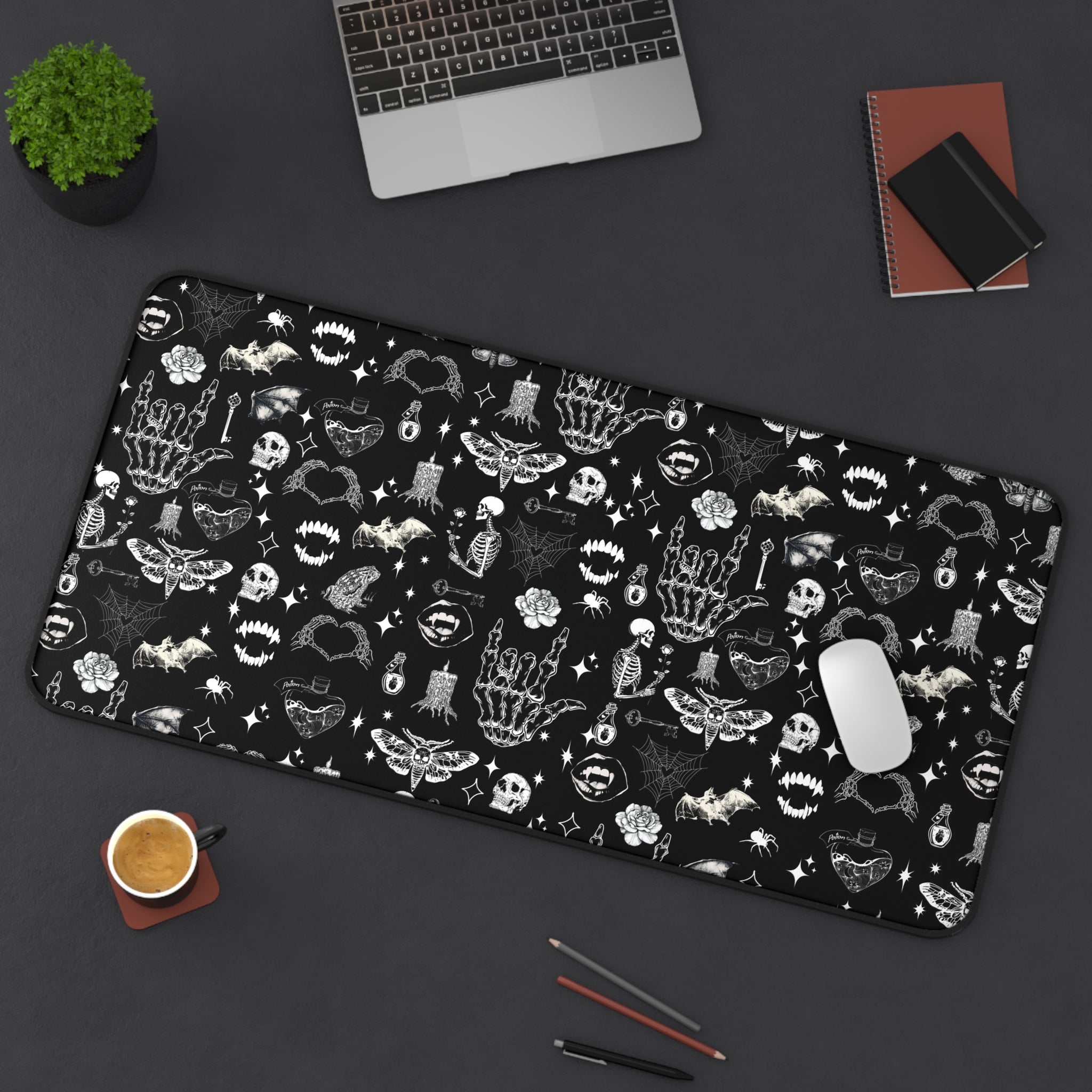 Gothic Icons Desk Mat — Black Skull & Occult Pattern Desk Mat