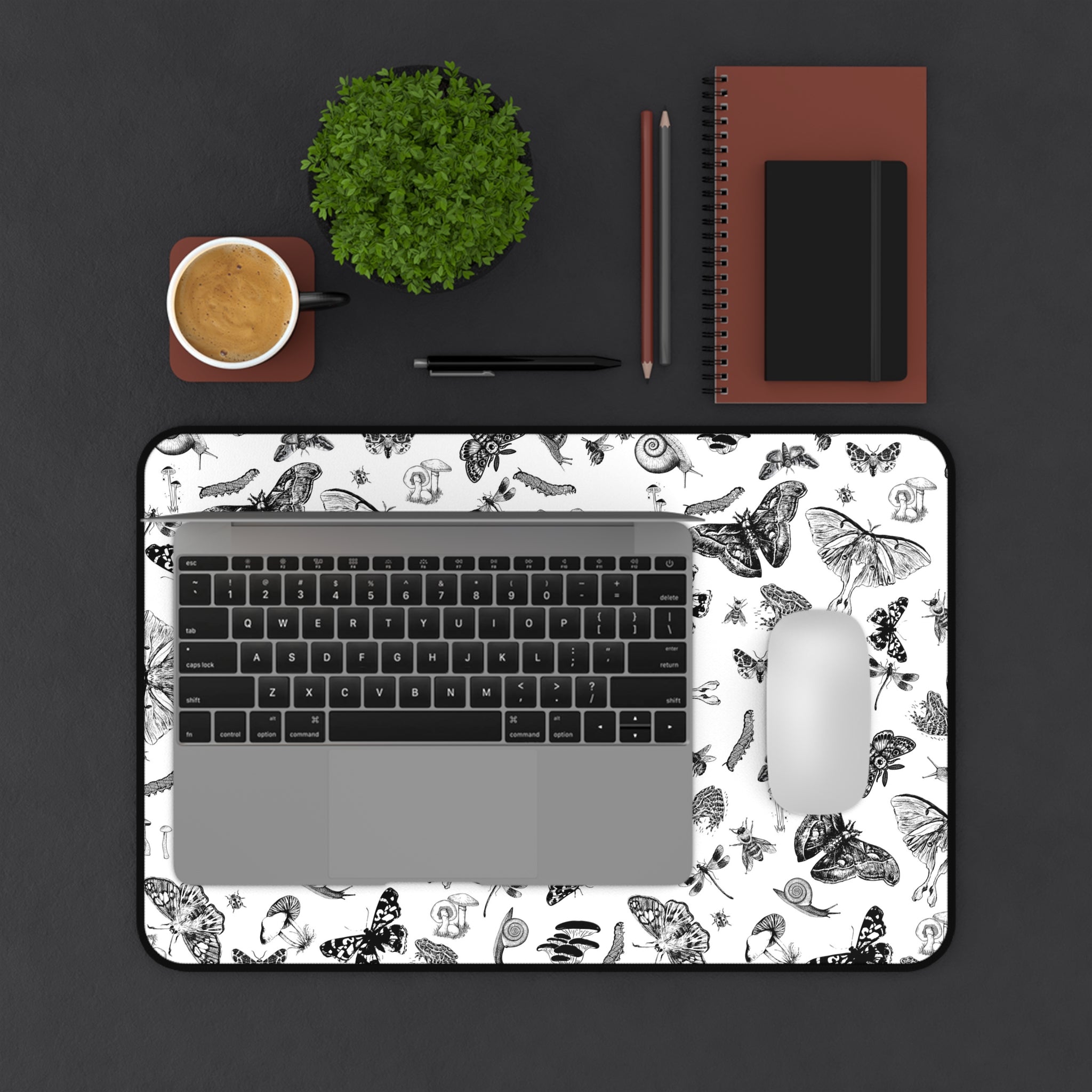 Black & White Butterfly Desk Mat Botanical Insect Pattern Desk Mat