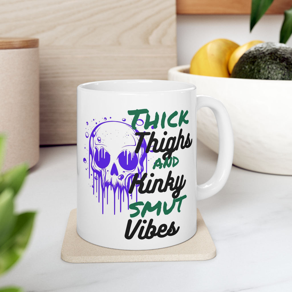 11oz/15oz Ceramic Mug — 'Thick Thighs & Spooky Vibes' Halloween Skull Coffee Cup