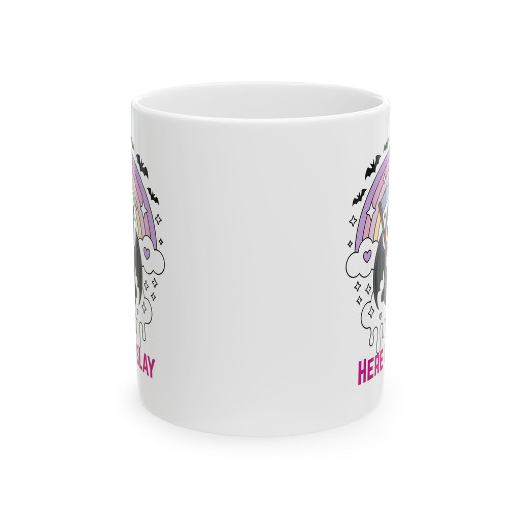 Here to Slay Mug — Cute Goth Rainbow Ceramic Coffee Cup (11oz & 15oz)