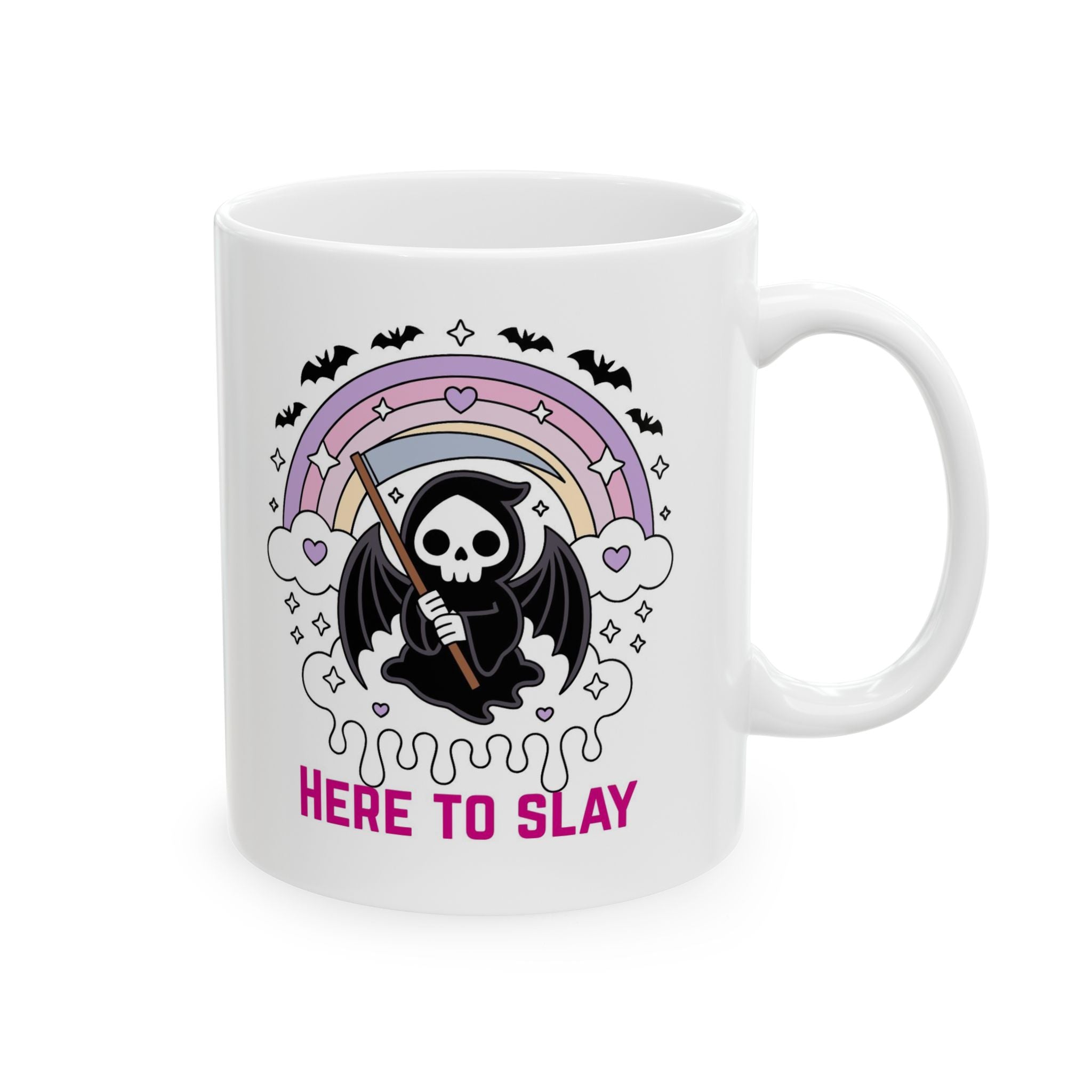 Here to Slay Mug — Cute Goth Rainbow Ceramic Coffee Cup (11oz & 15oz)